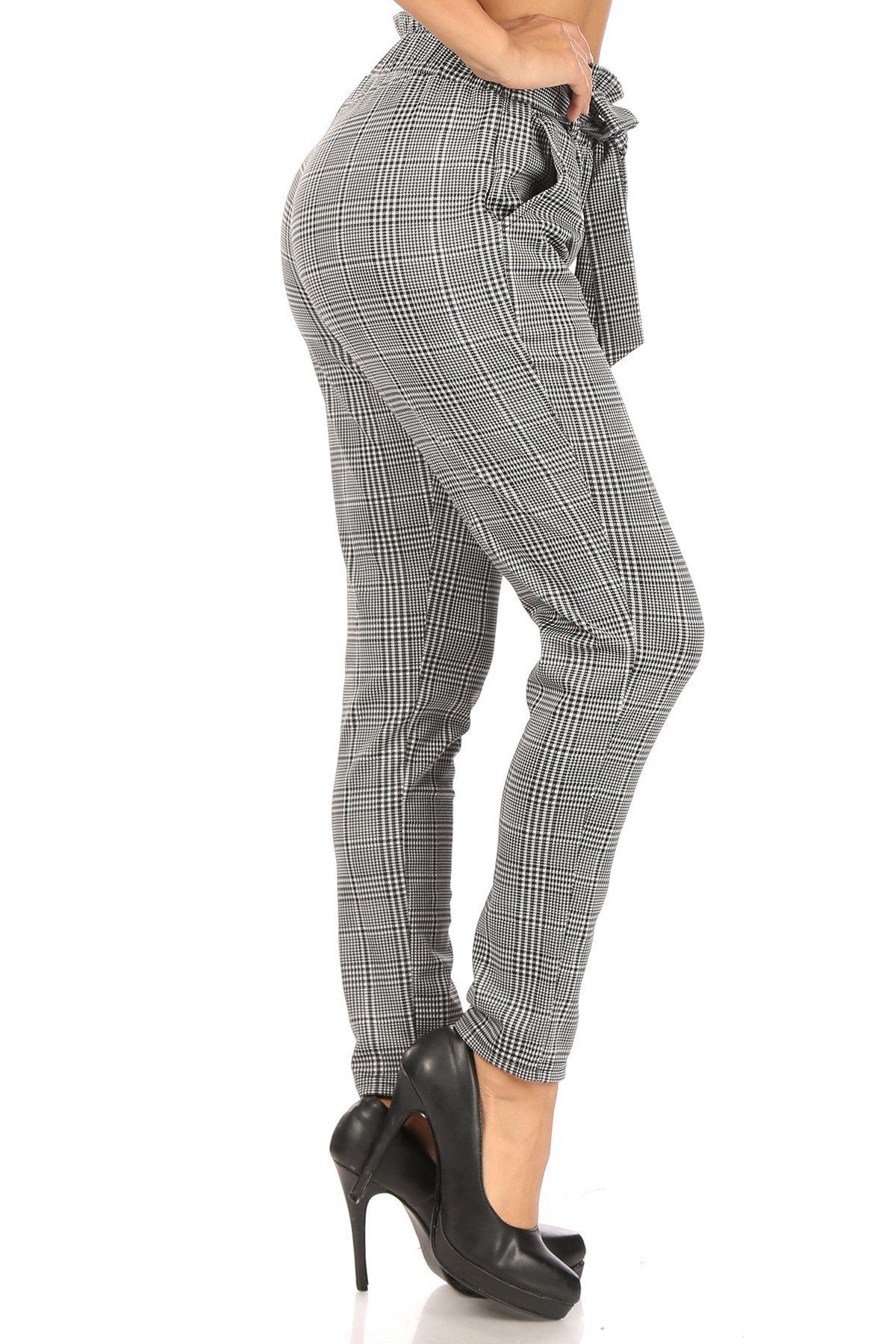 Wholesale Houndstooth Plaid High Waisted Paper Bag Tie Front Pants