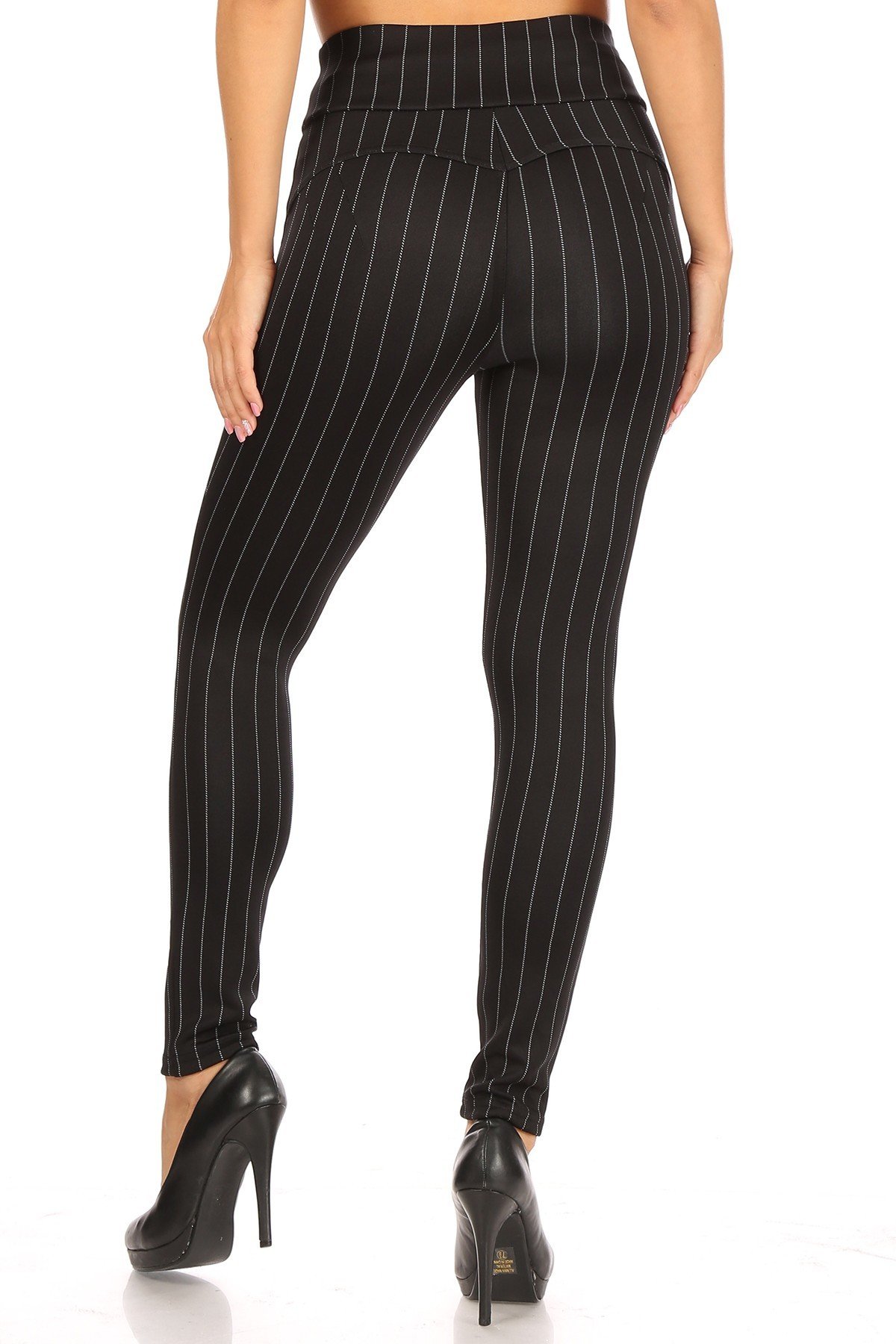 Wholesale Black and White Pinstripe High Waisted Body Sculpting Treggings with Pockets