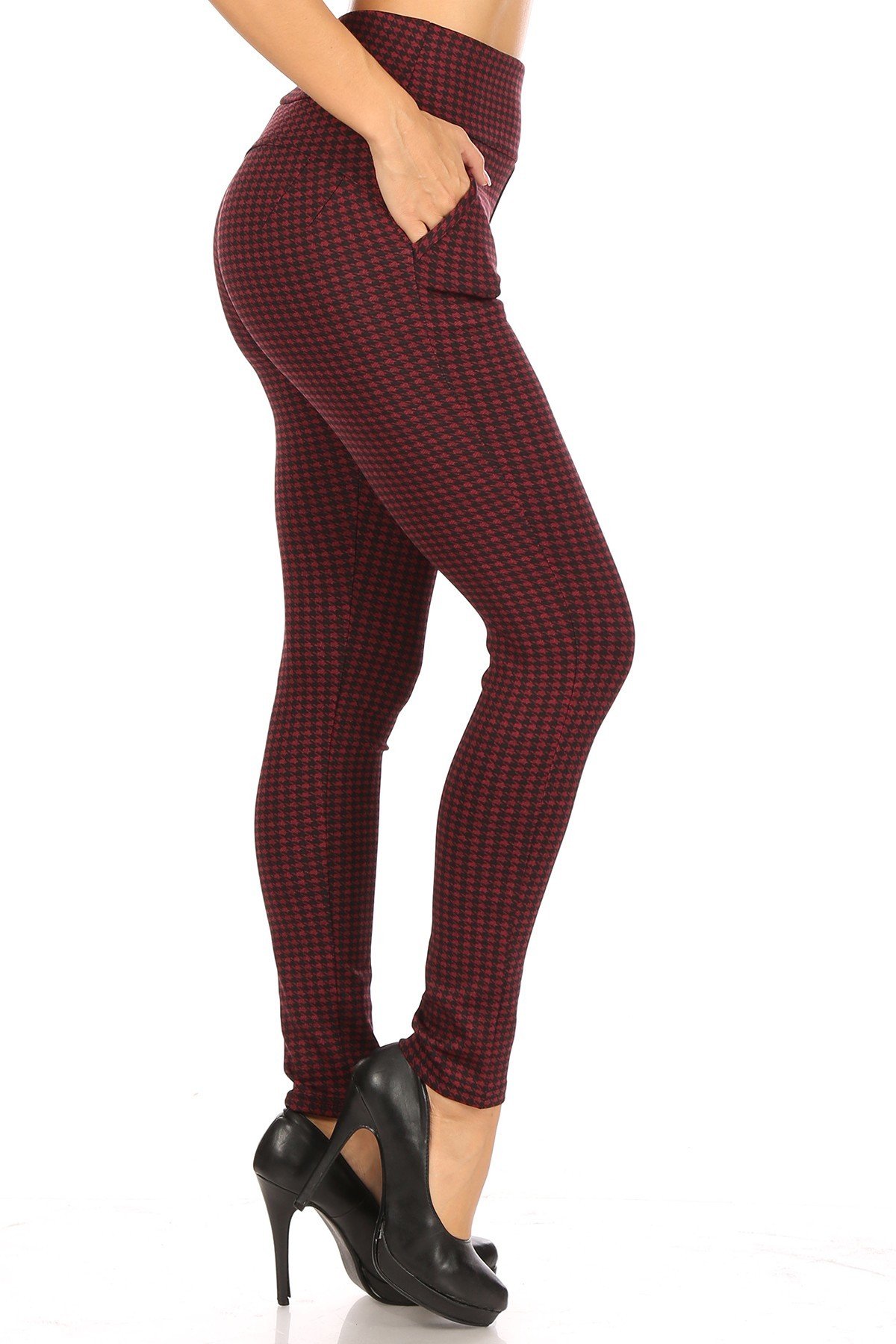 Wholesale Burgundy Houndstooth High Waisted Body Sculpting Treggings with Pockets