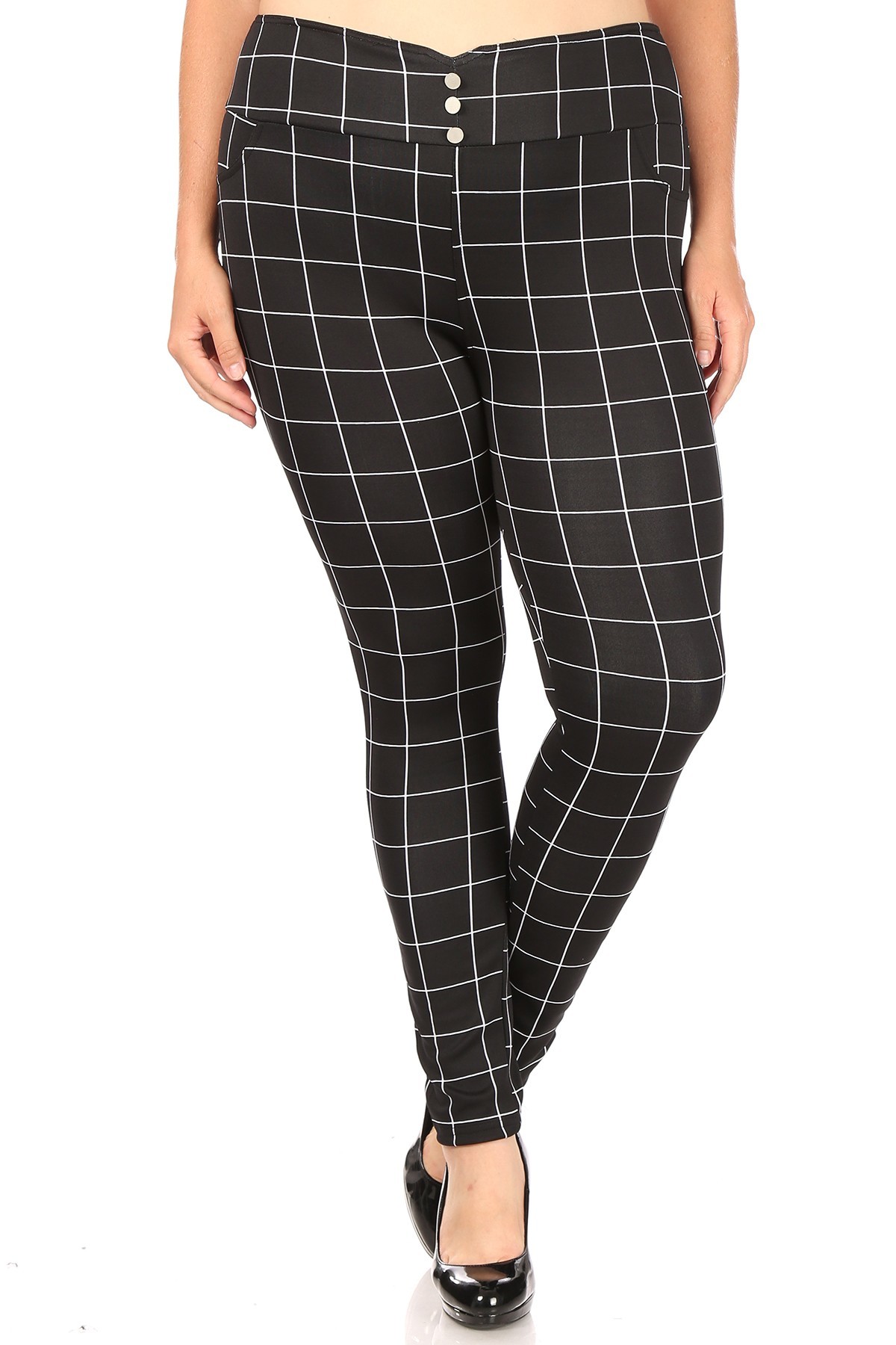 Wholesale High Waisted Grid Print Button Detail Plus Size Treggings with Pockets