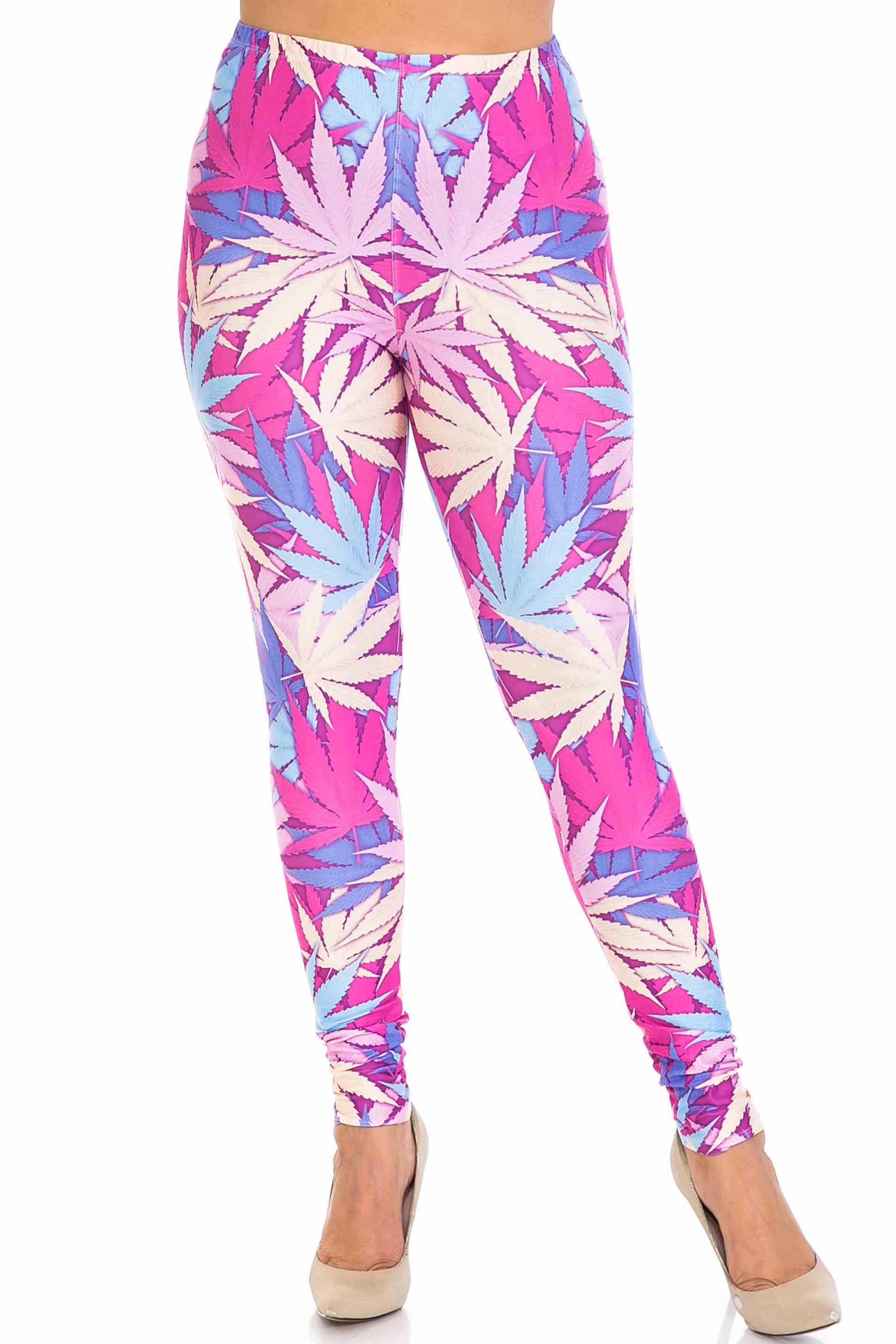 Wholesale Creamy Soft Pretty in Pink Marijuana Extra Plus Size Leggings - 3X-5X - USA Fashion™