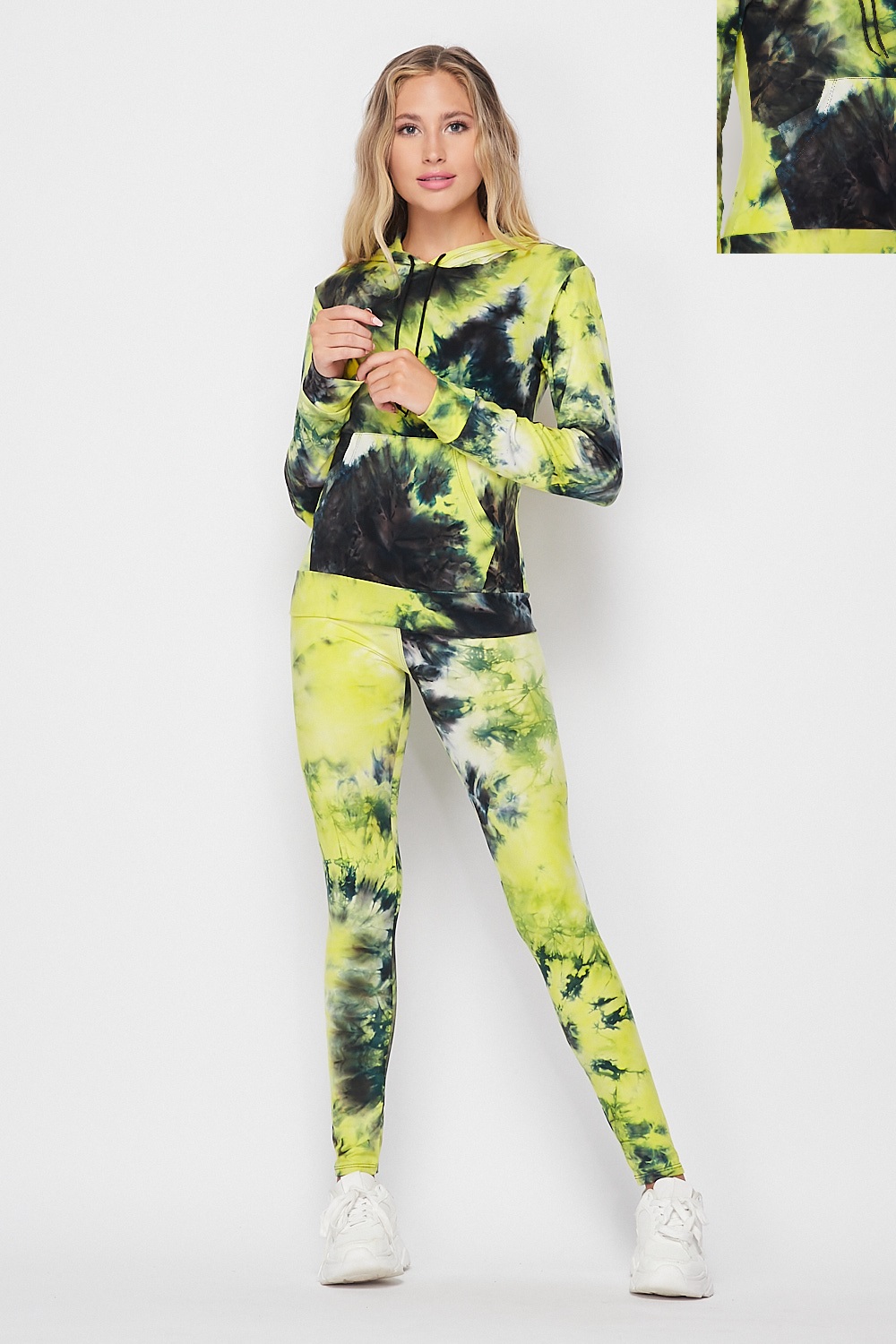 Yellow Wholesale Tie Dye 2 Piece Leggings and Hooded Jacket Set