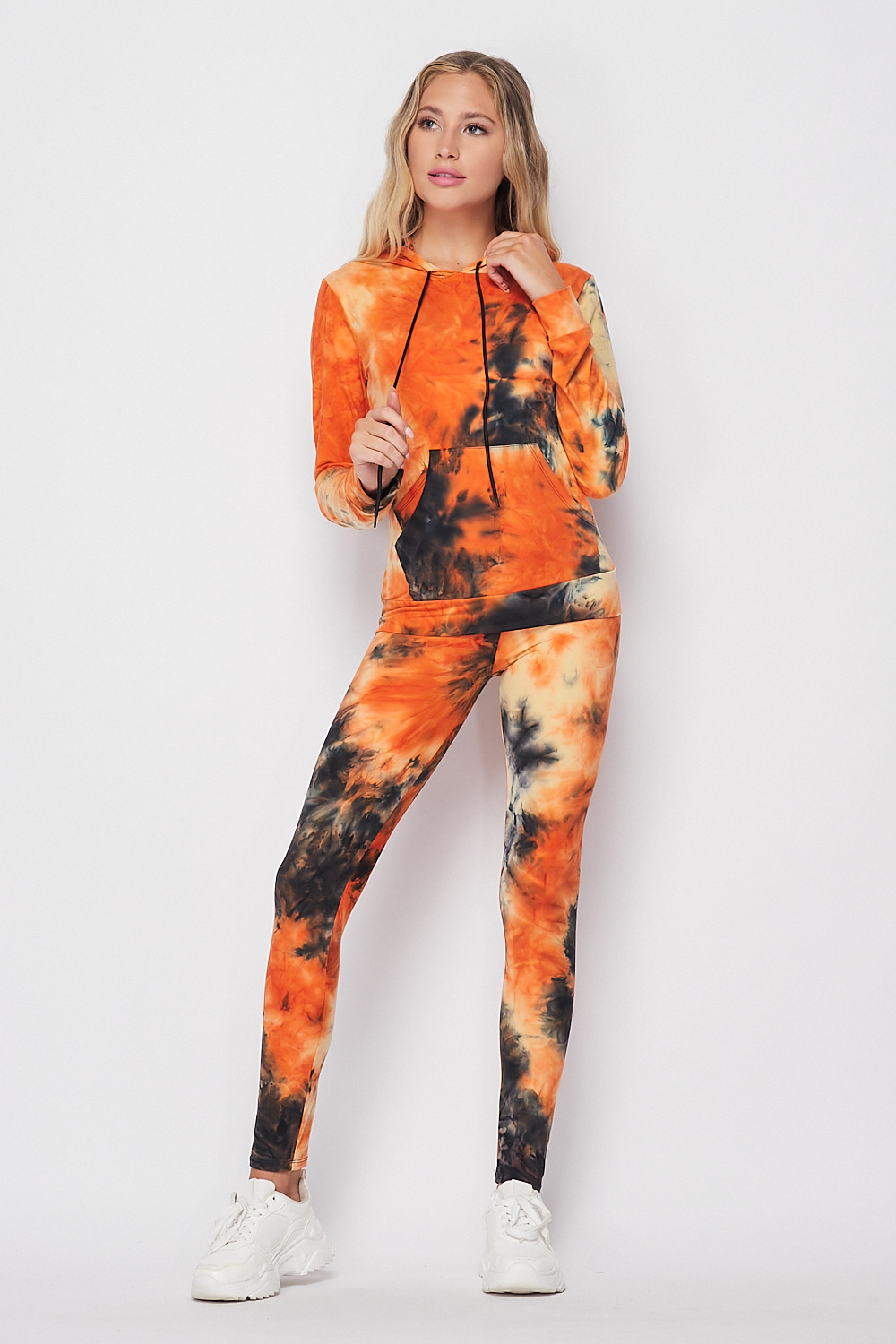 Orange Wholesale Tie Dye 2 Piece Leggings and Hooded Jacket Set