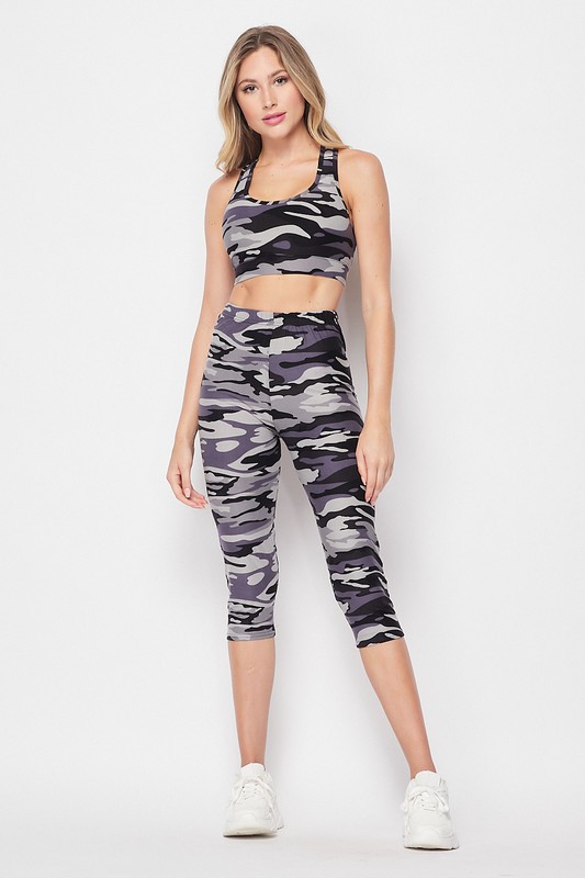 Wholesale 2 Piece Charcoal Camouflage Crop Top and Capri Set