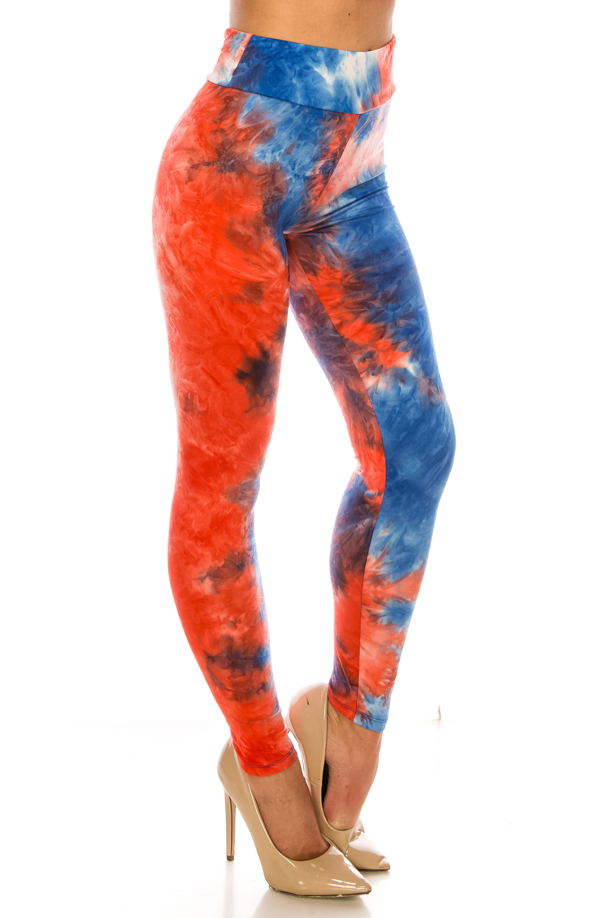 Wholesale Buttery Smooth Red and Blue Tie Dye High Waisted Leggings - Plus Size