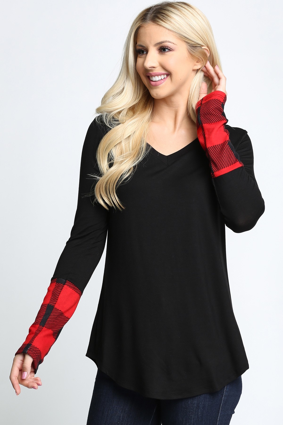 Red Wholesale Plaid Cuff Solid Contrast V Neck Long Sleeve Top
