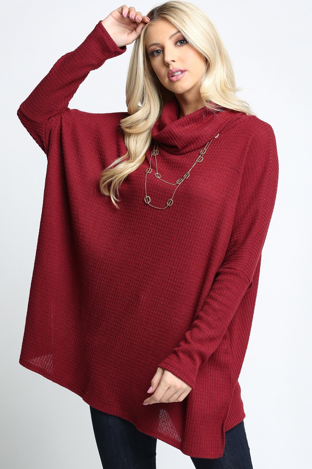 Burgundy Wholesale Waffle Knit Cowl Neck Dolman Sleeve Plus Size Top