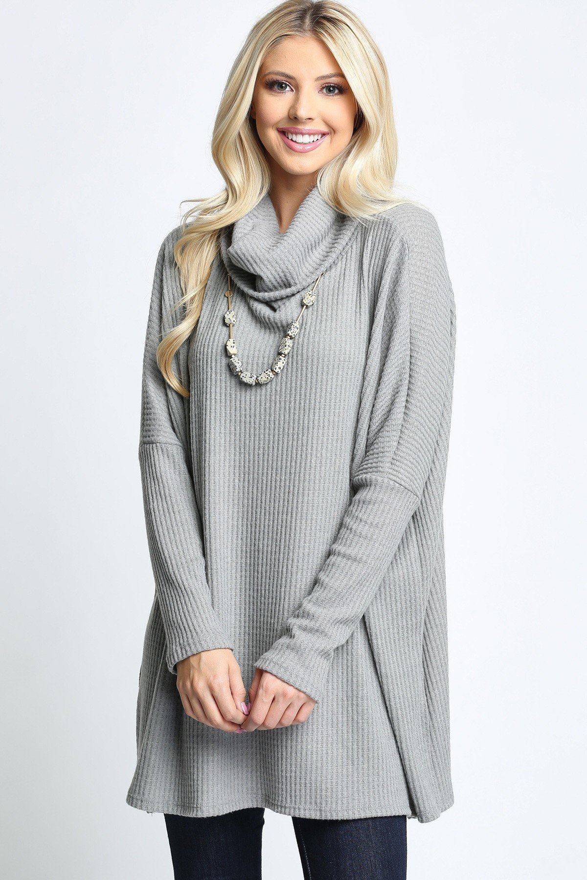 Grey Wholesale Waffle Knit Cowl Neck Dolman Sleeve Top