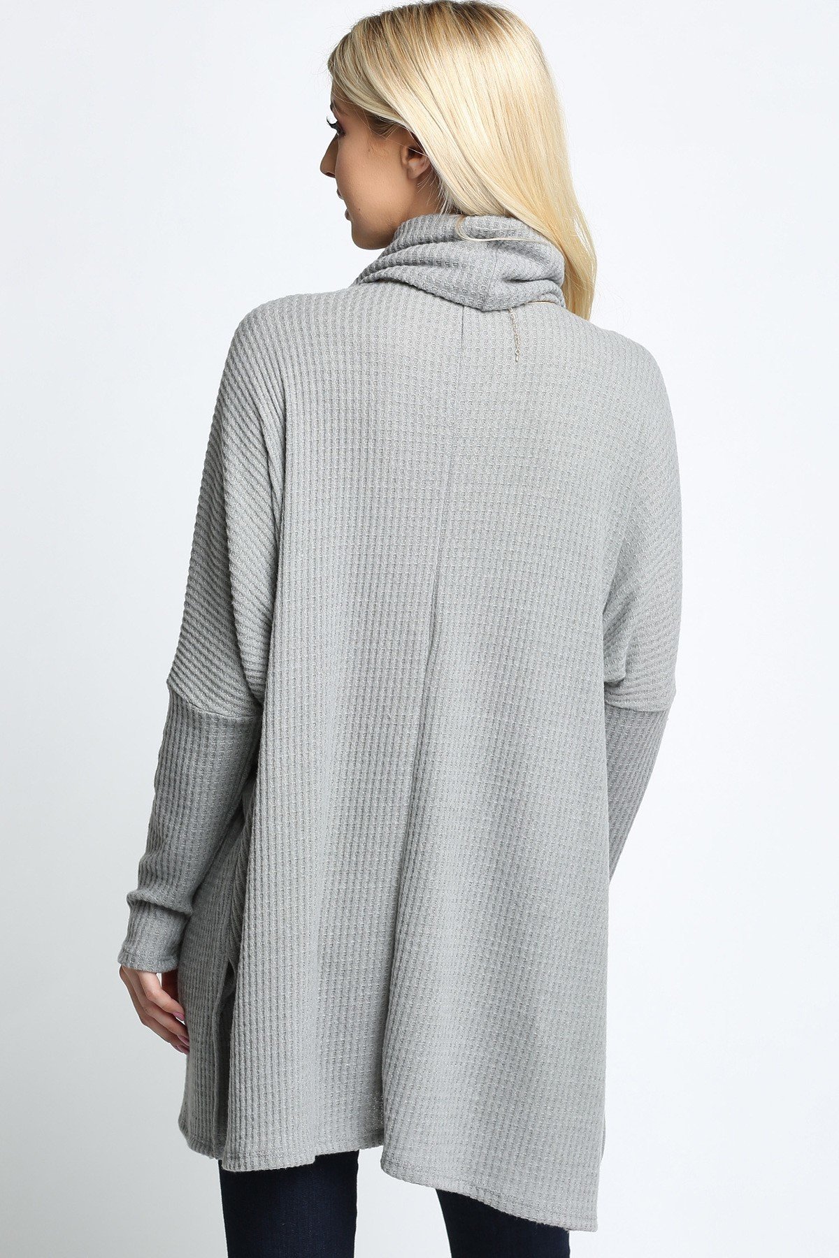 Grey Wholesale Waffle Knit Cowl Neck Dolman Sleeve Top