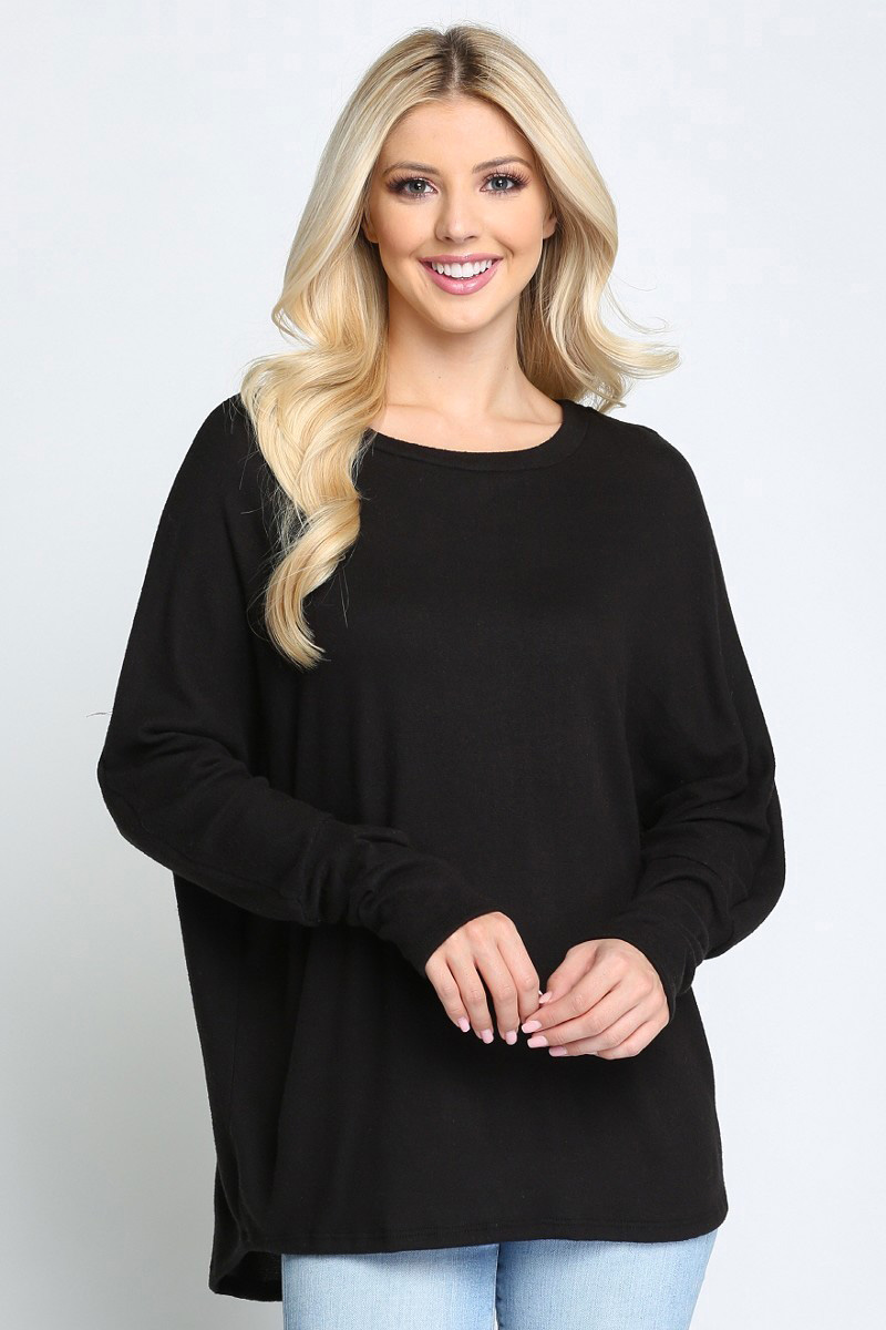 Black Wholesale Solid Long Sleeve Dolman Plus Size Top