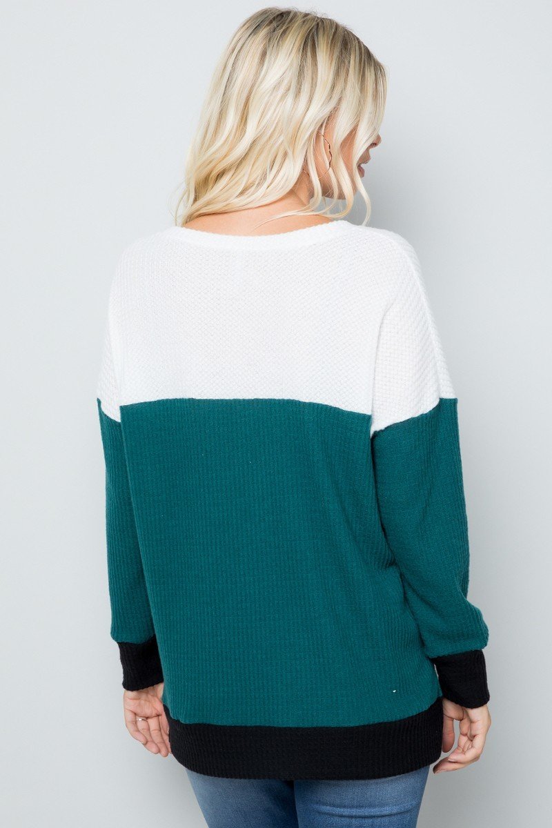 Hunter Green Wholesale Waffle Knit Color Blocked Long Sleeve V Neck Top