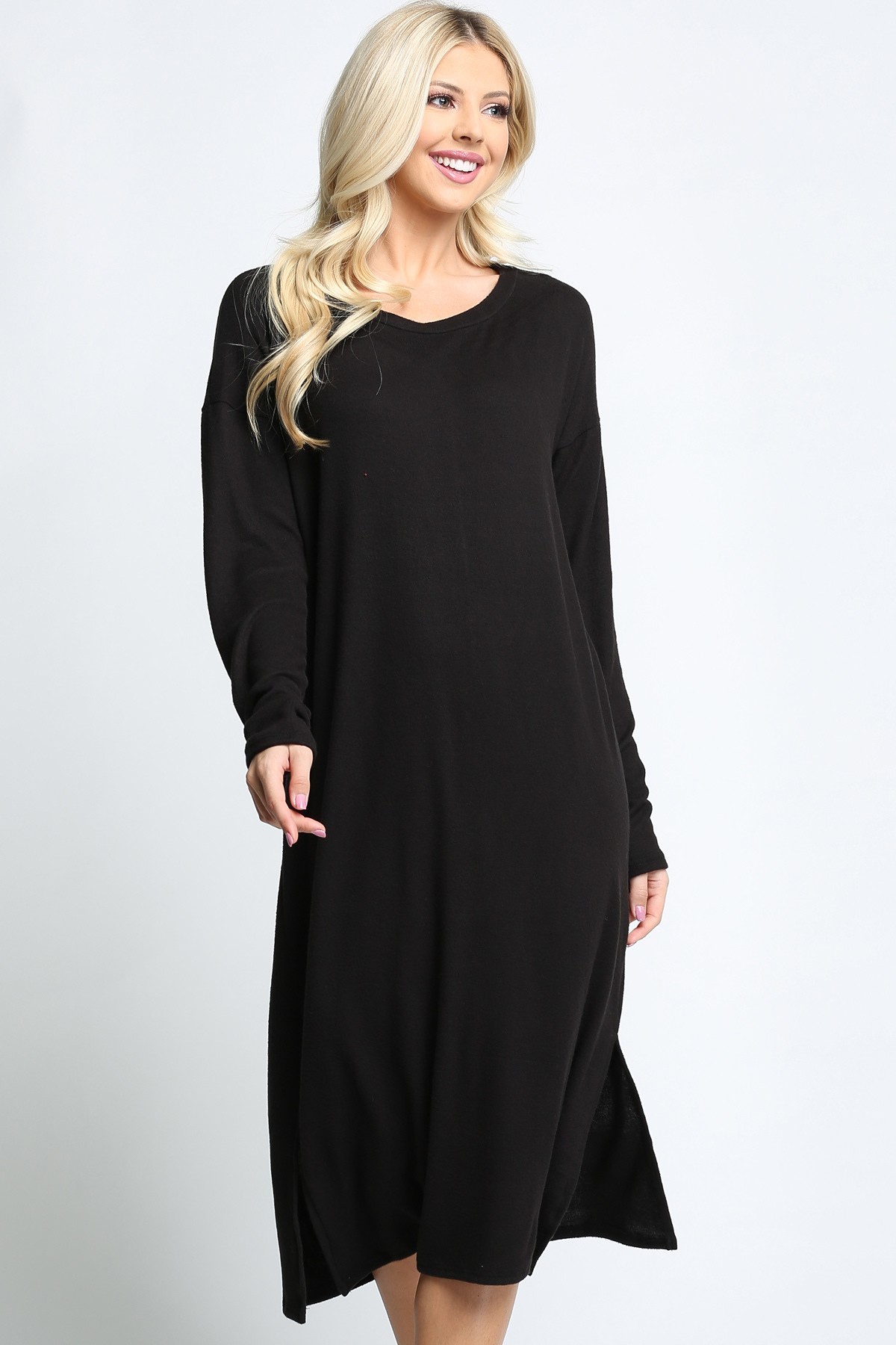 Black Wholesale Long Sleeve Side Slit Midi Length Plus Size Sweater Dress