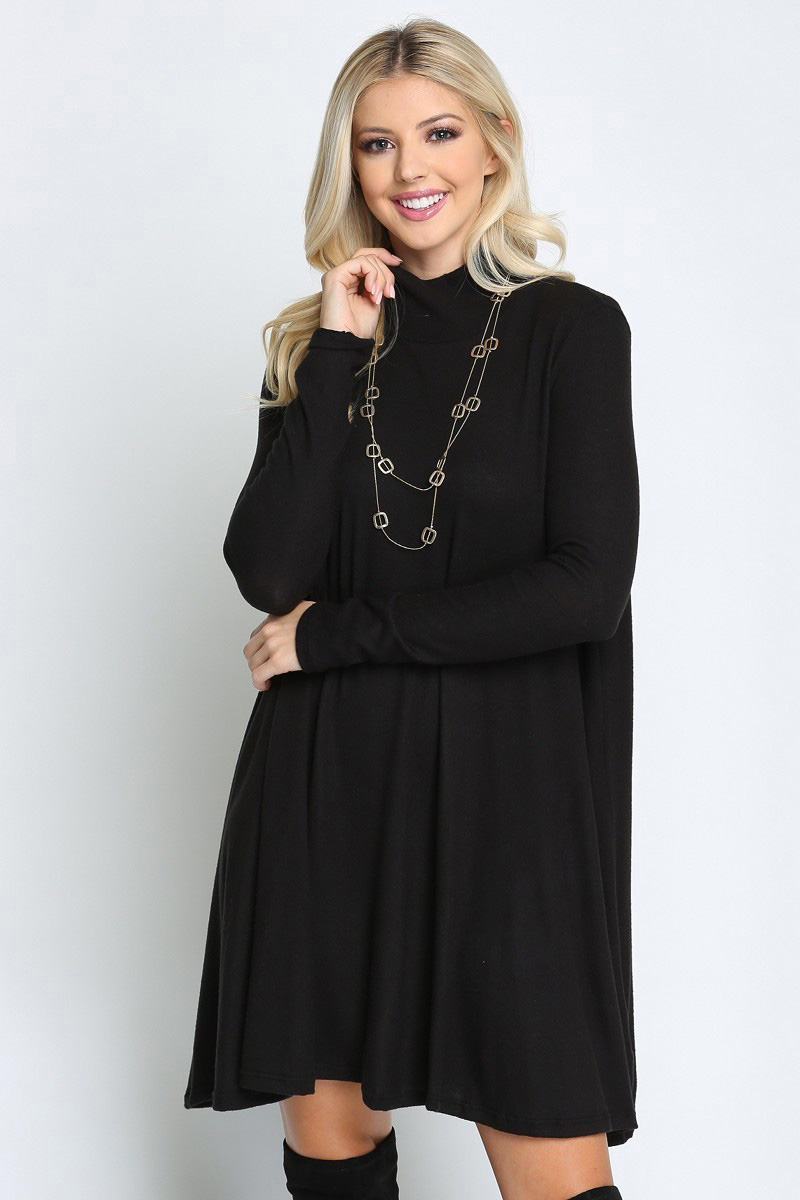 Black Wholesale Long Sleeve Hacci Knit Mock Neck Plus Size Swing Dress