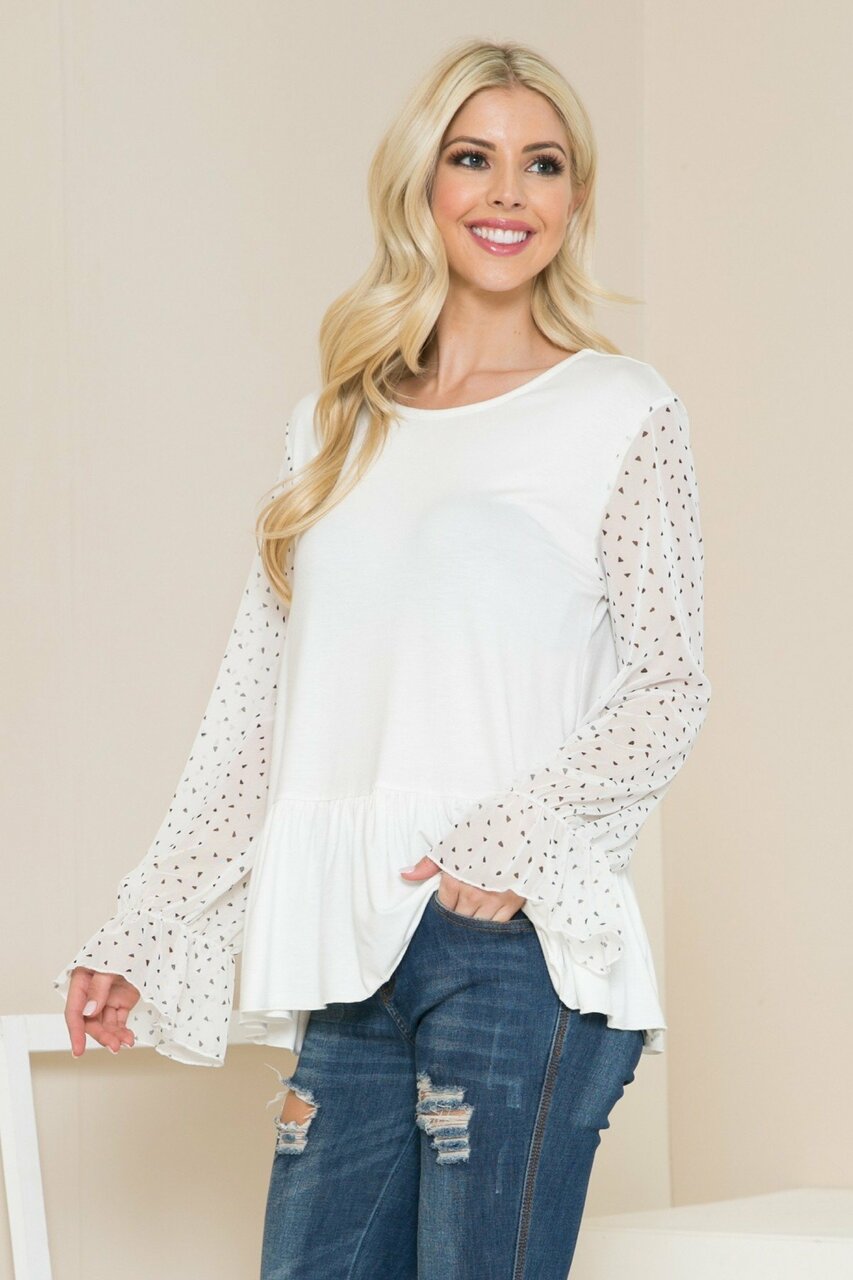 Ivory Wholesale Speckled Mesh Sleeve Pleated Hem Bell Cuff Top