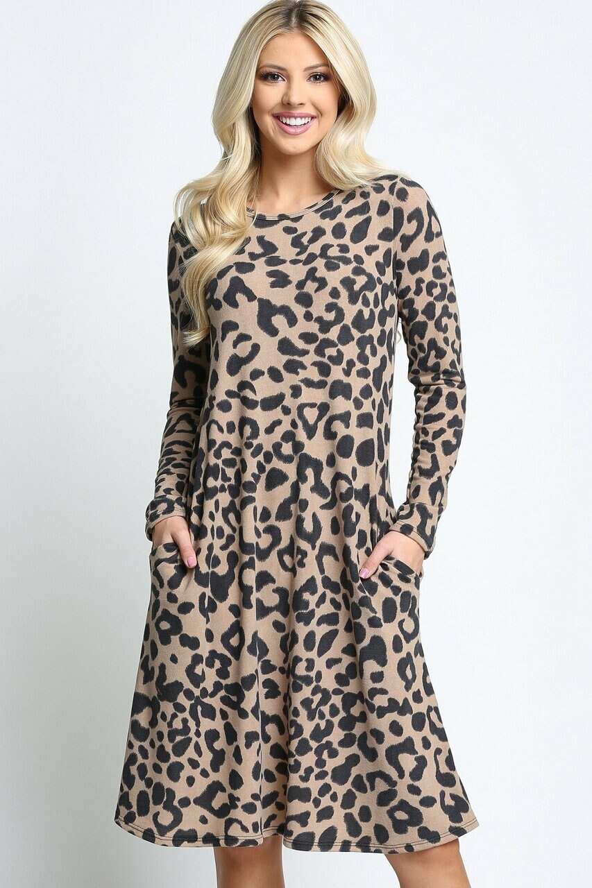 Taupe Wholesale -Leopard  Long Sleeve Midi Dress