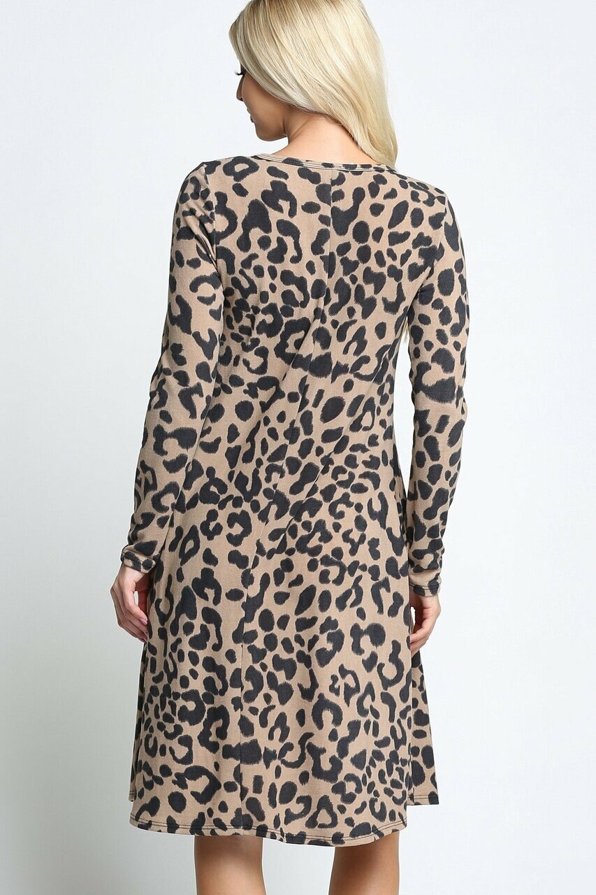 Taupe Wholesale -Leopard  Long Sleeve Midi Dress
