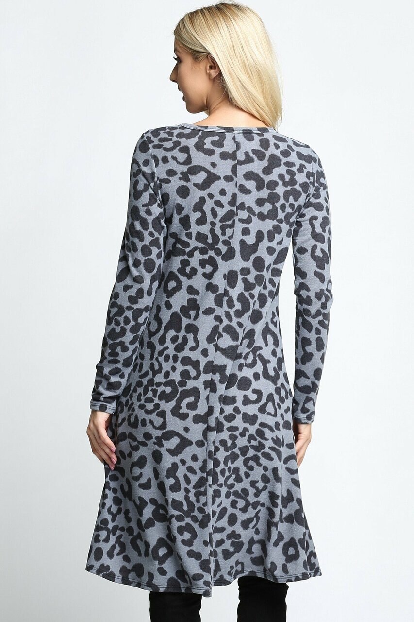 Gray  Wholesale -Leopard  Long Sleeve Midi Dress