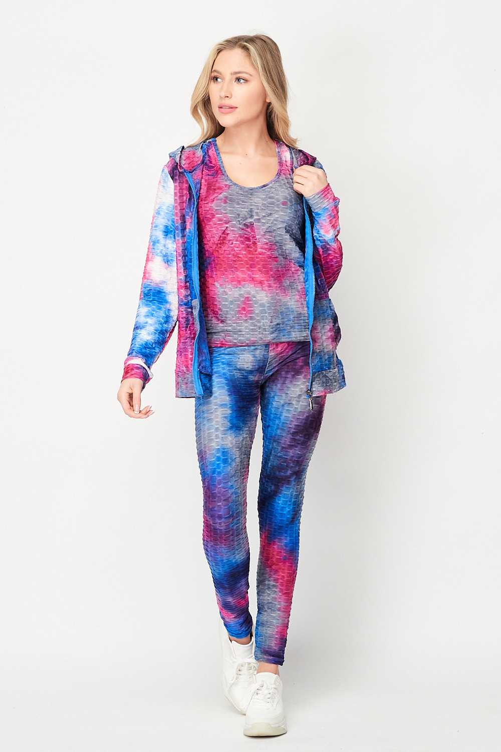 Wholesale Tie Dye 3 Piece Textured Scrunch Butt Leggings Tank Top and Hoodie Jacket Set