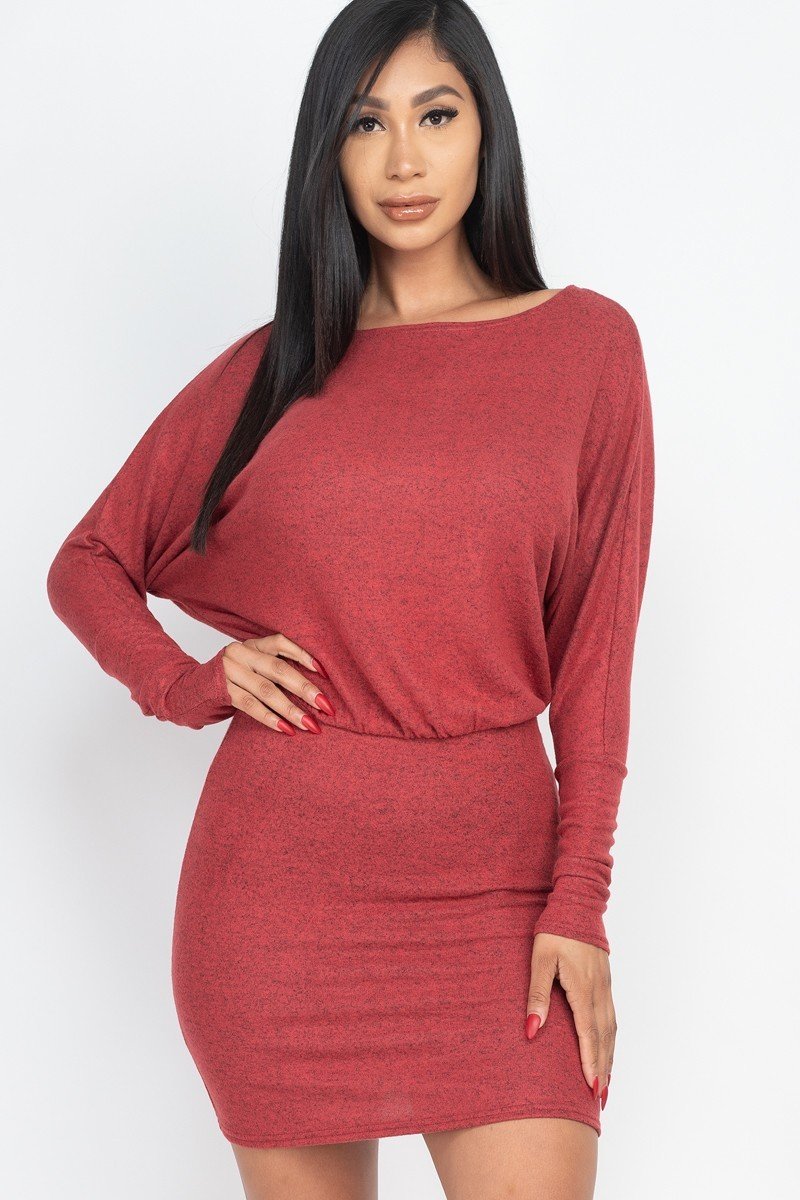 Wholesale Dolman Sleeve Brushed Knit Off the Shoulder Mini Dress