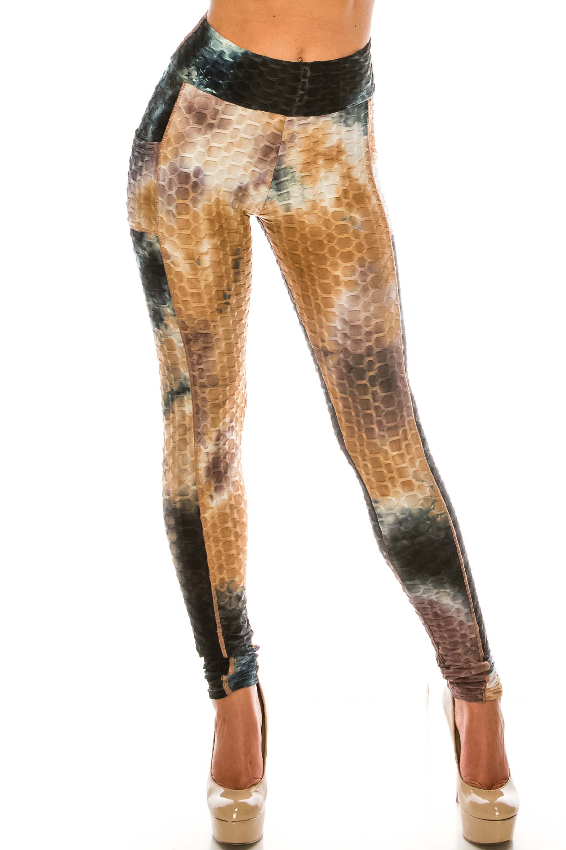 Wholesale Premium Earthen Mocha Tie Dye Scrunch Butt Workout Leggings with Side Pockets