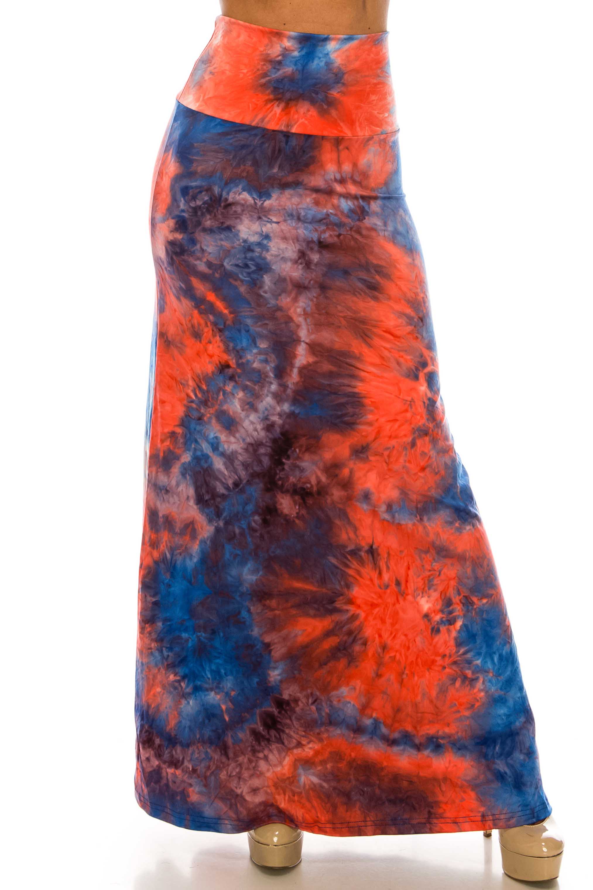 Wholesale Buttery Smooth Red and Blue Tie Dye Maxi Skirt