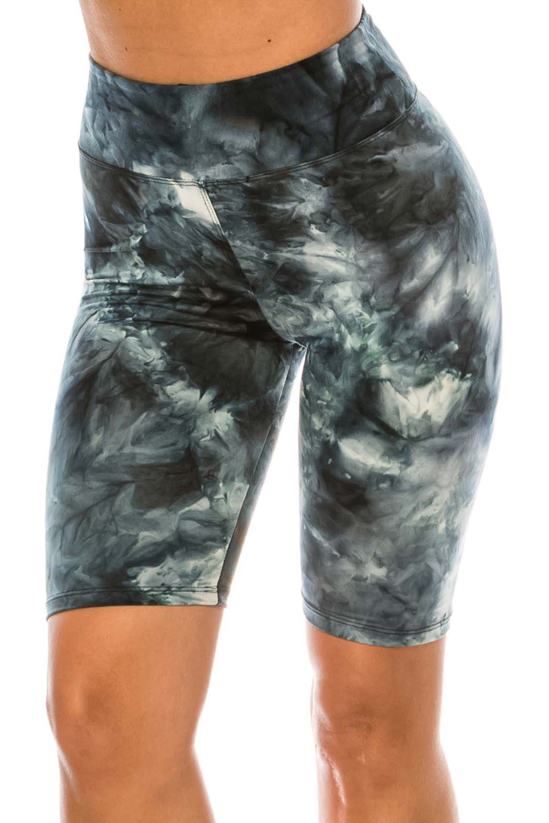 Wholesale Buttery Smooth Steel Blue Tie Dye High Waisted Biker Shorts - 3 Inch Waist