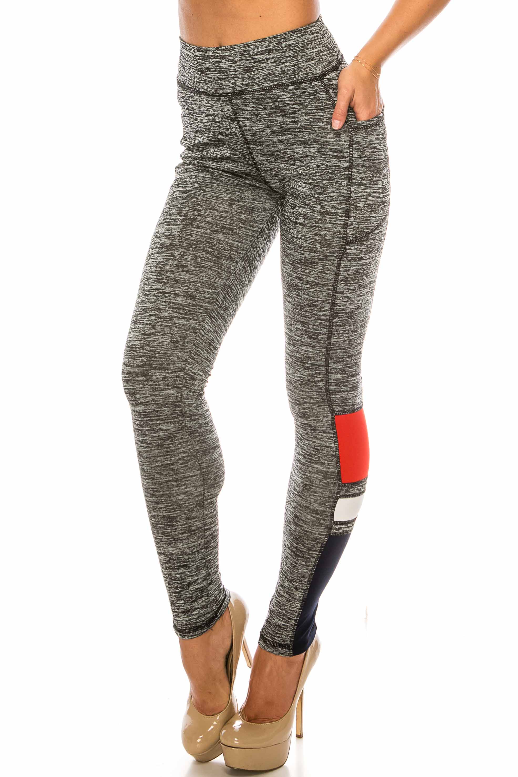 Wholesale Red Accent High Waisted Workout Leggings with Side Pocket