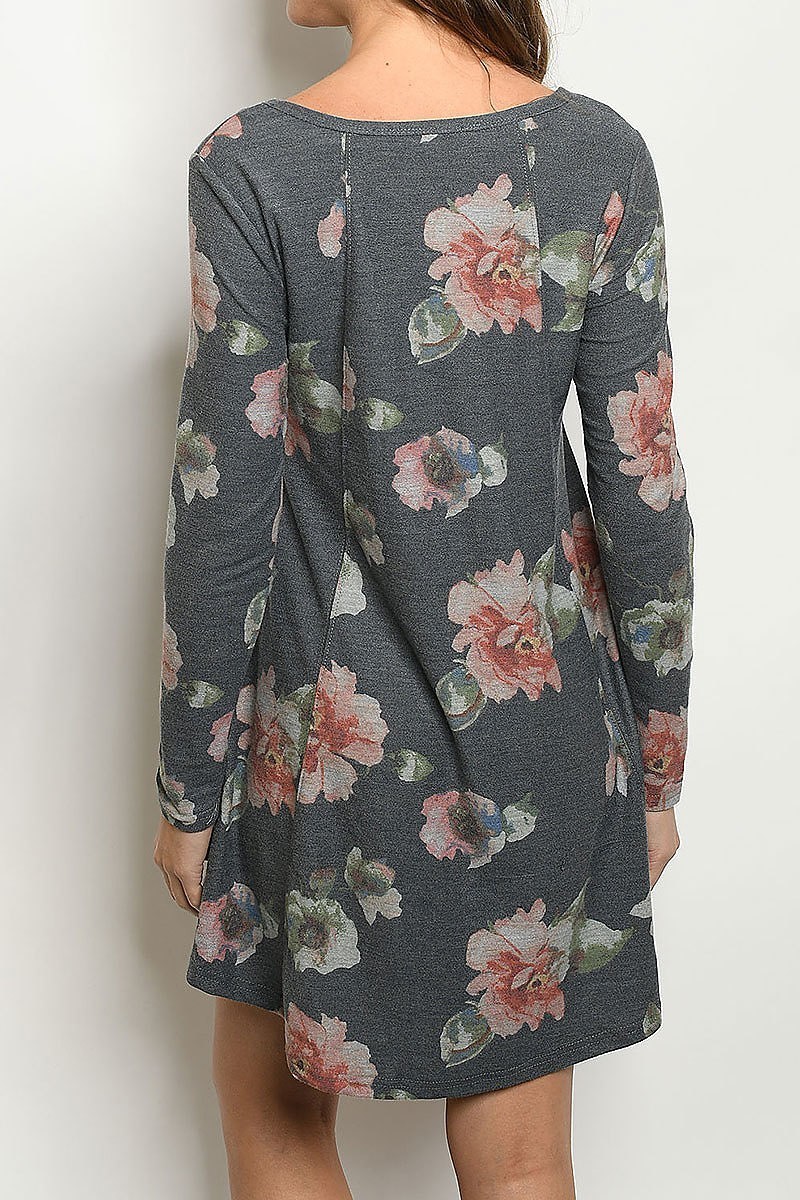 Wholesale Long Sleeve Vintage Floral Round Neck Mini Dress