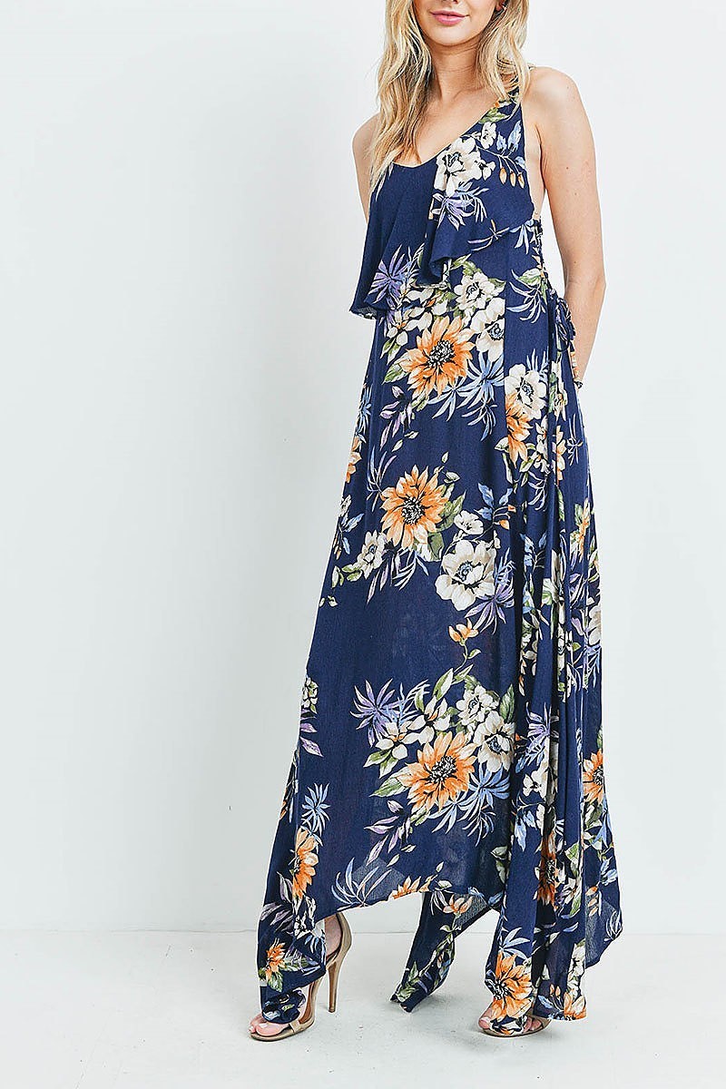 Navy Wholesale Floral  Flounce Asymmetrical Hem Maxi Dress with Crisscross Back