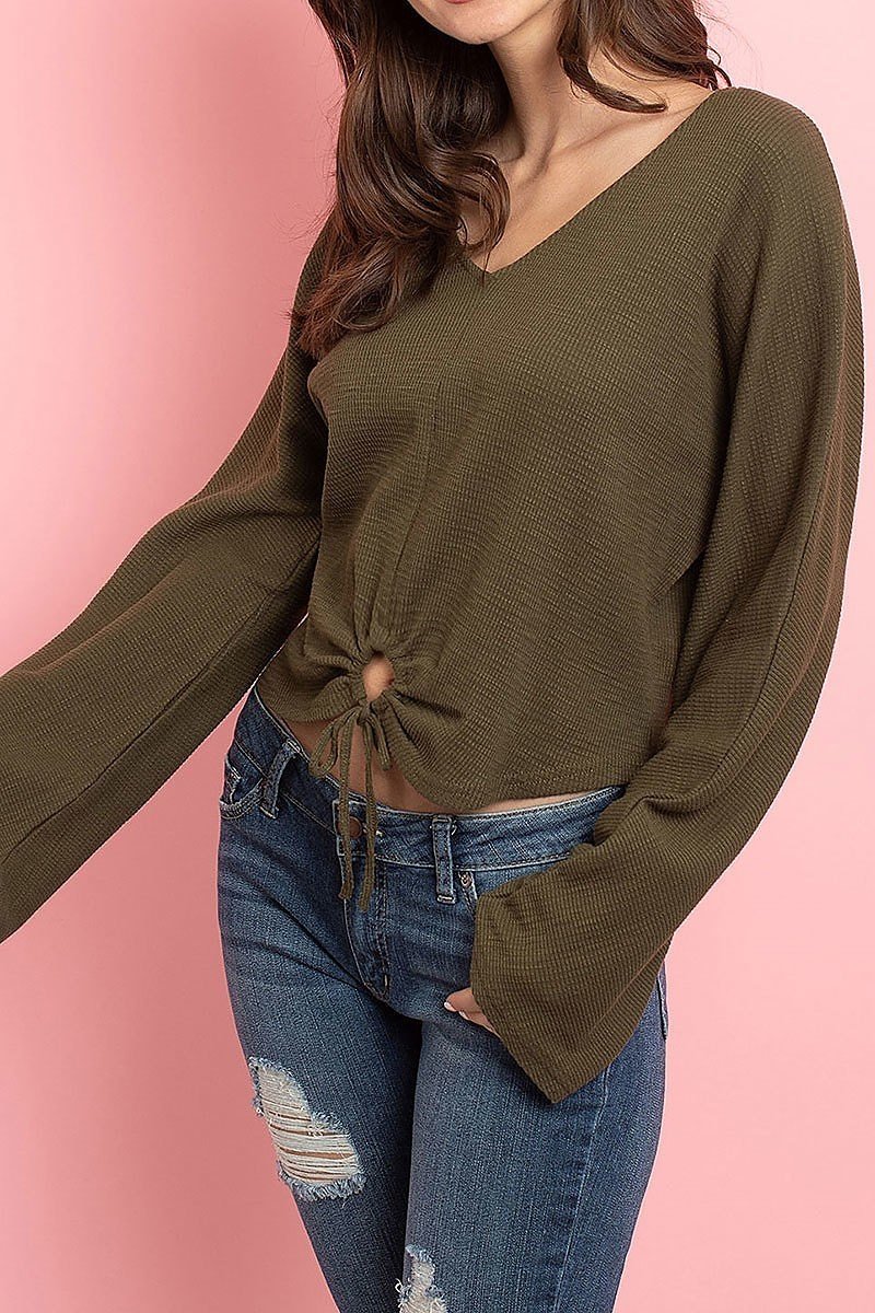 Olive Wholesale Cropped Waist Tie Hem Long Sleeve Cotton V-Neck Top