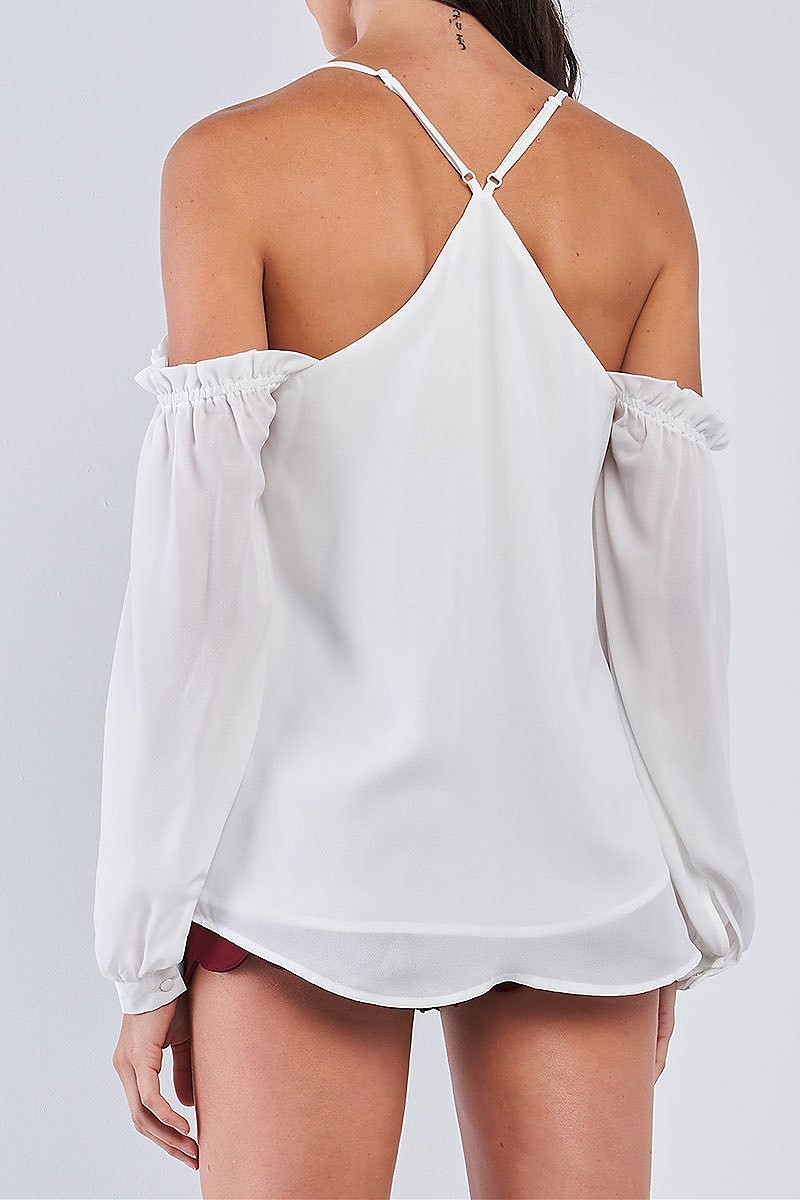 Wholesale White Off the Shoulder Bubble Sleeve V-Neck Top