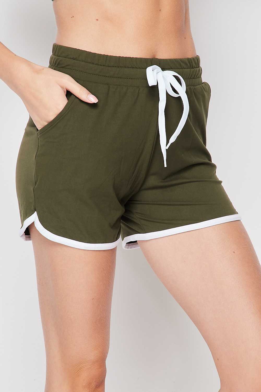 Right side of Olive Wholesale Buttery Smooth Drawstring Waist Dolphin Shorts with Pockets