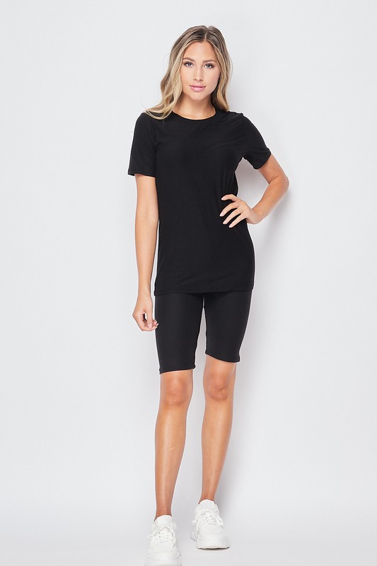 Front of Black Wholesale Buttery Smooth Basic Solid Biker Shorts and T-Shirt Set