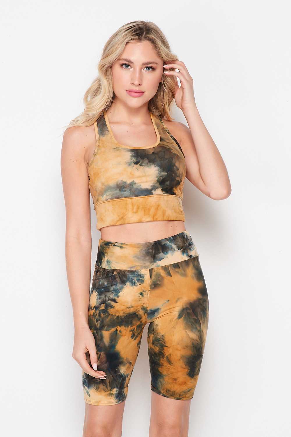 Camel Wholesale Tie Dye 2 Piece High Waisted Biker Shorts and Crop Top Set