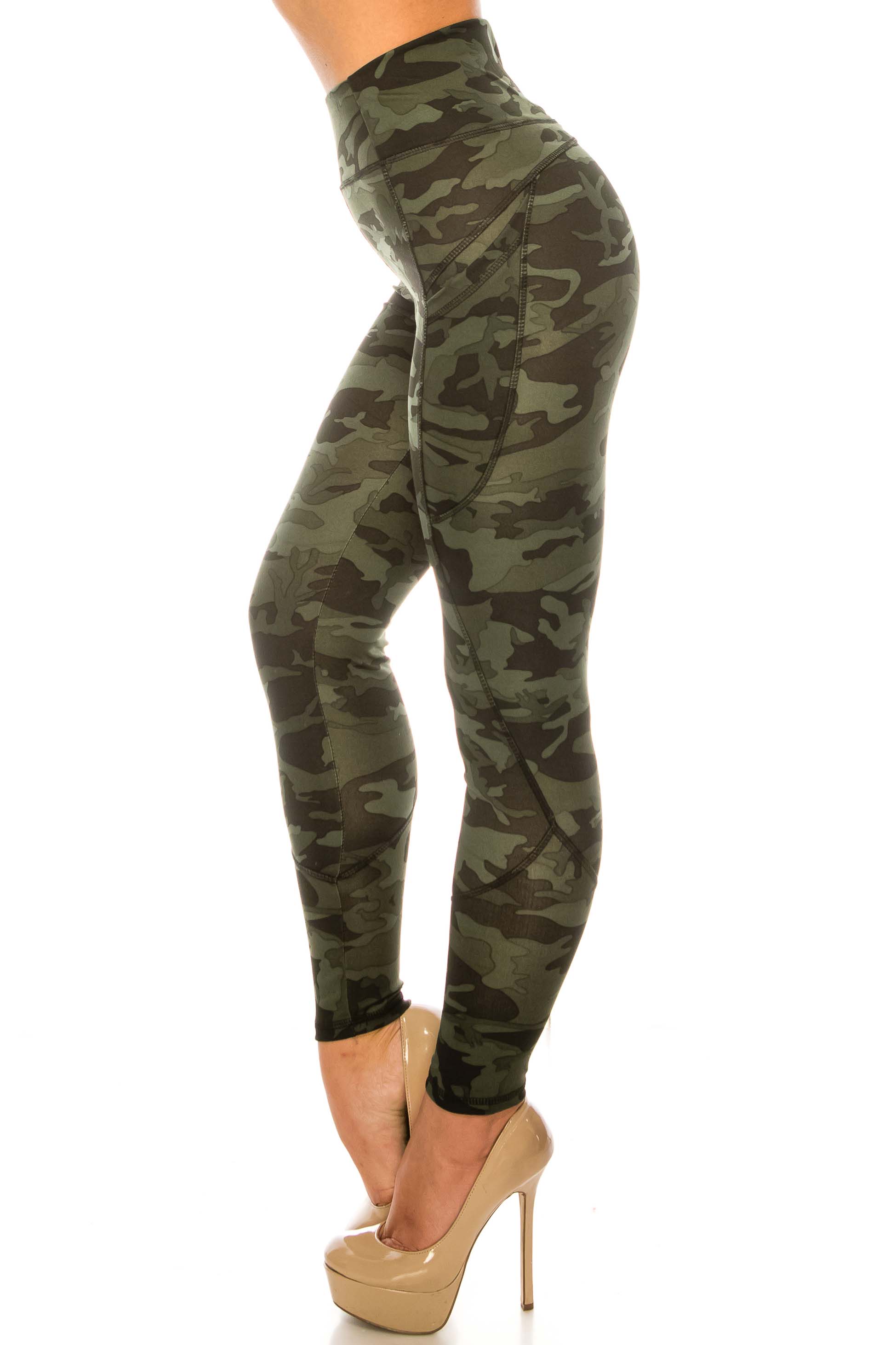 Wholesale Dark Olive Camouflage Contour Seam High Waisted Sport Leggings with Pockets