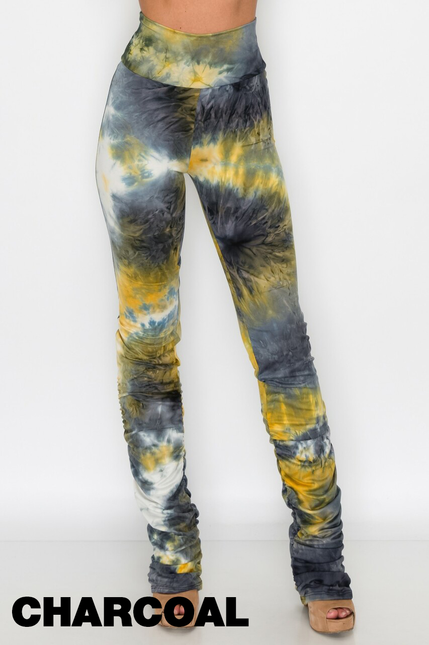 Charcoal Wholesale Double Brushed Tie Dye Side Ruched Stacked High Waisted Leggings