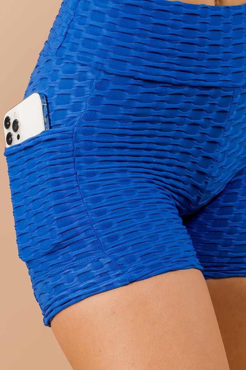 Royal Blue Wholesale Solid Textured Scrunch Butt Sport Shorts with Pockets