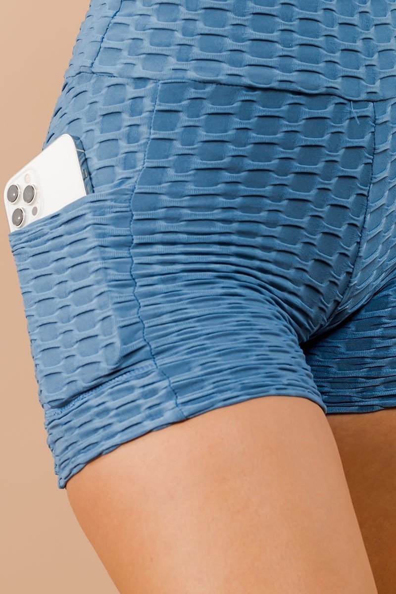 Sky Blue Wholesale Solid Textured Scrunch Butt Sport Shorts with Pockets