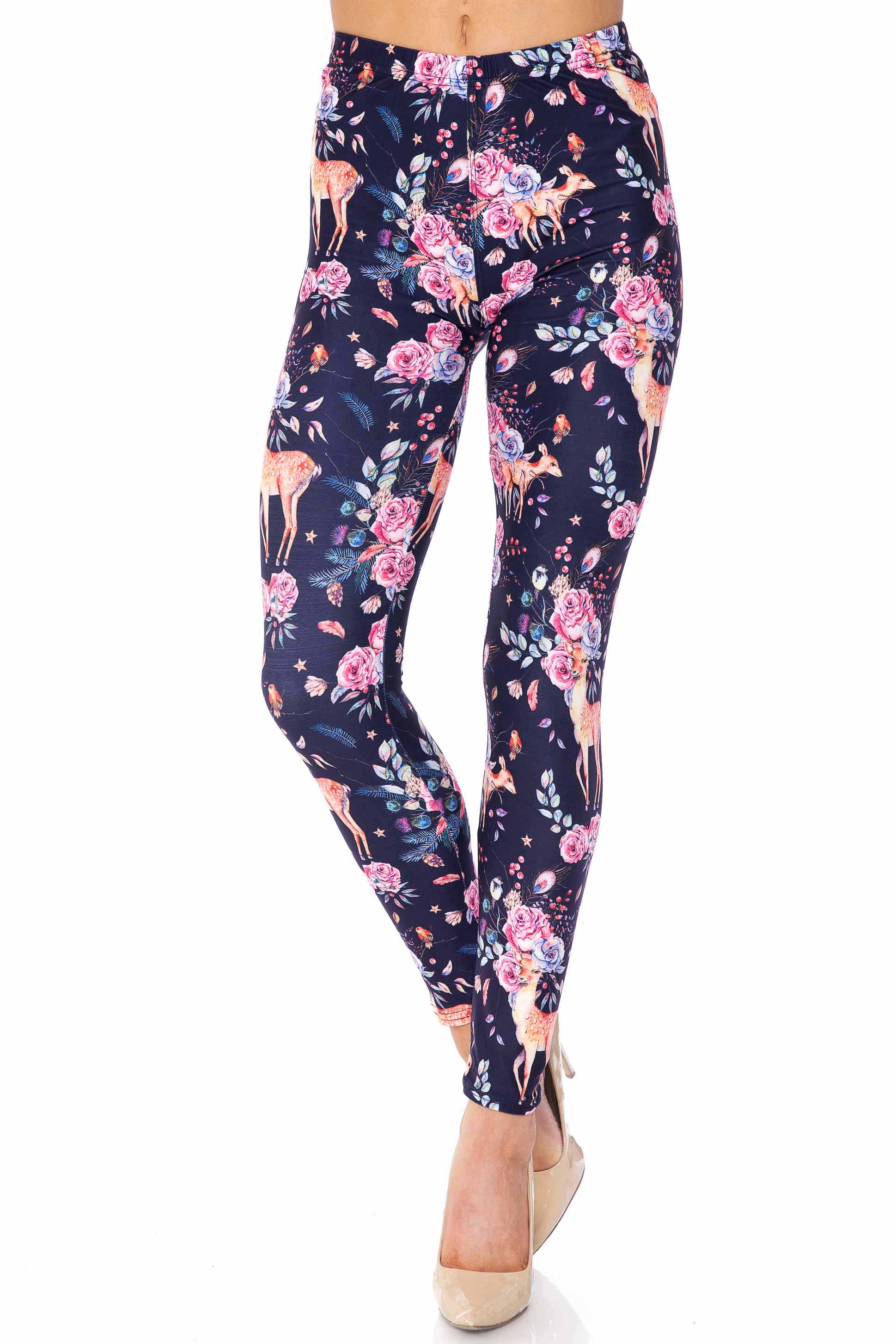 Wholesale Creamy Soft Woodland Floral Fawn Extra Plus Size Leggings - 3X-5X - USA Fashion™