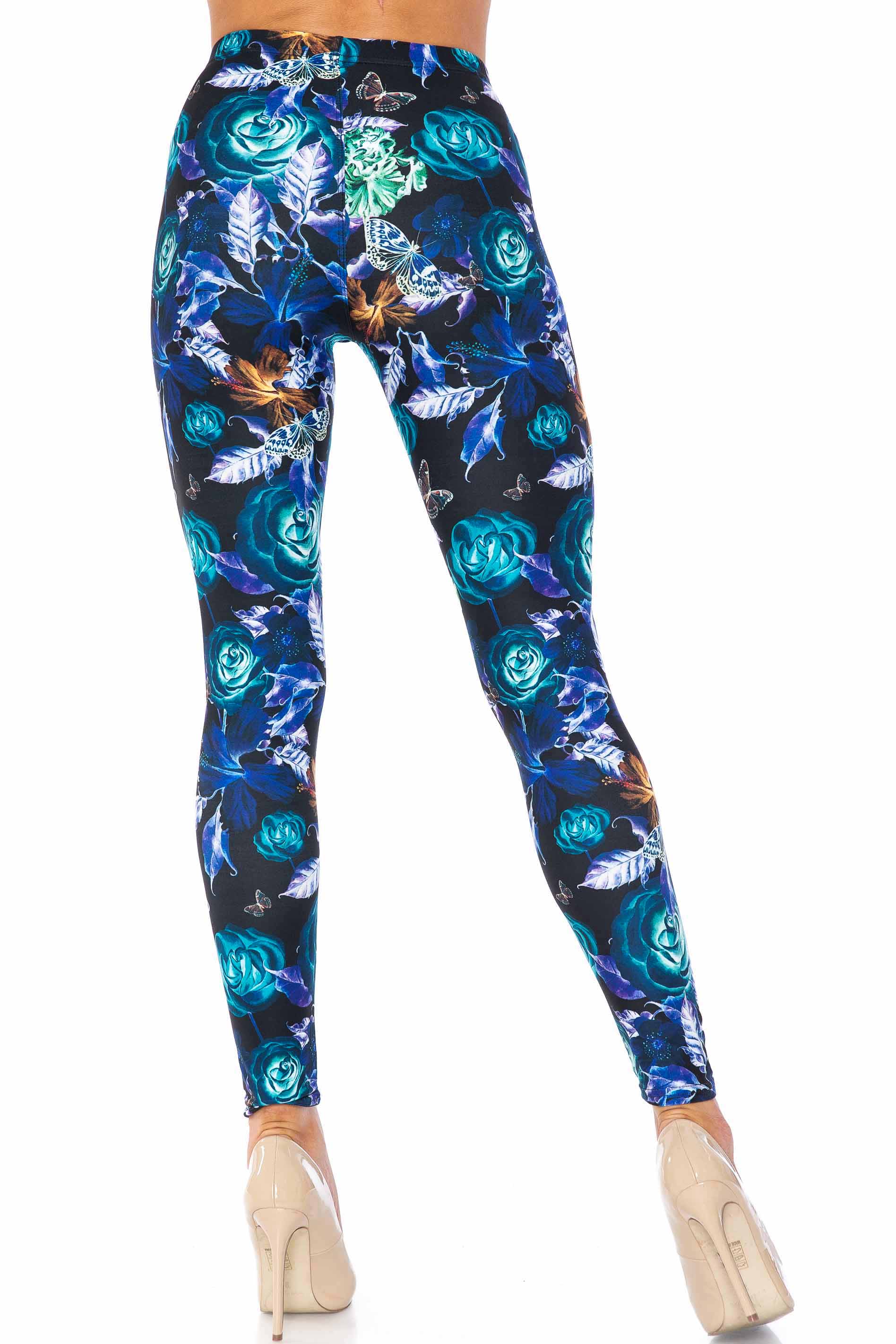 Wholesale Creamy Soft Electric Blue Floral Butterfly Leggings - USA Fashion™