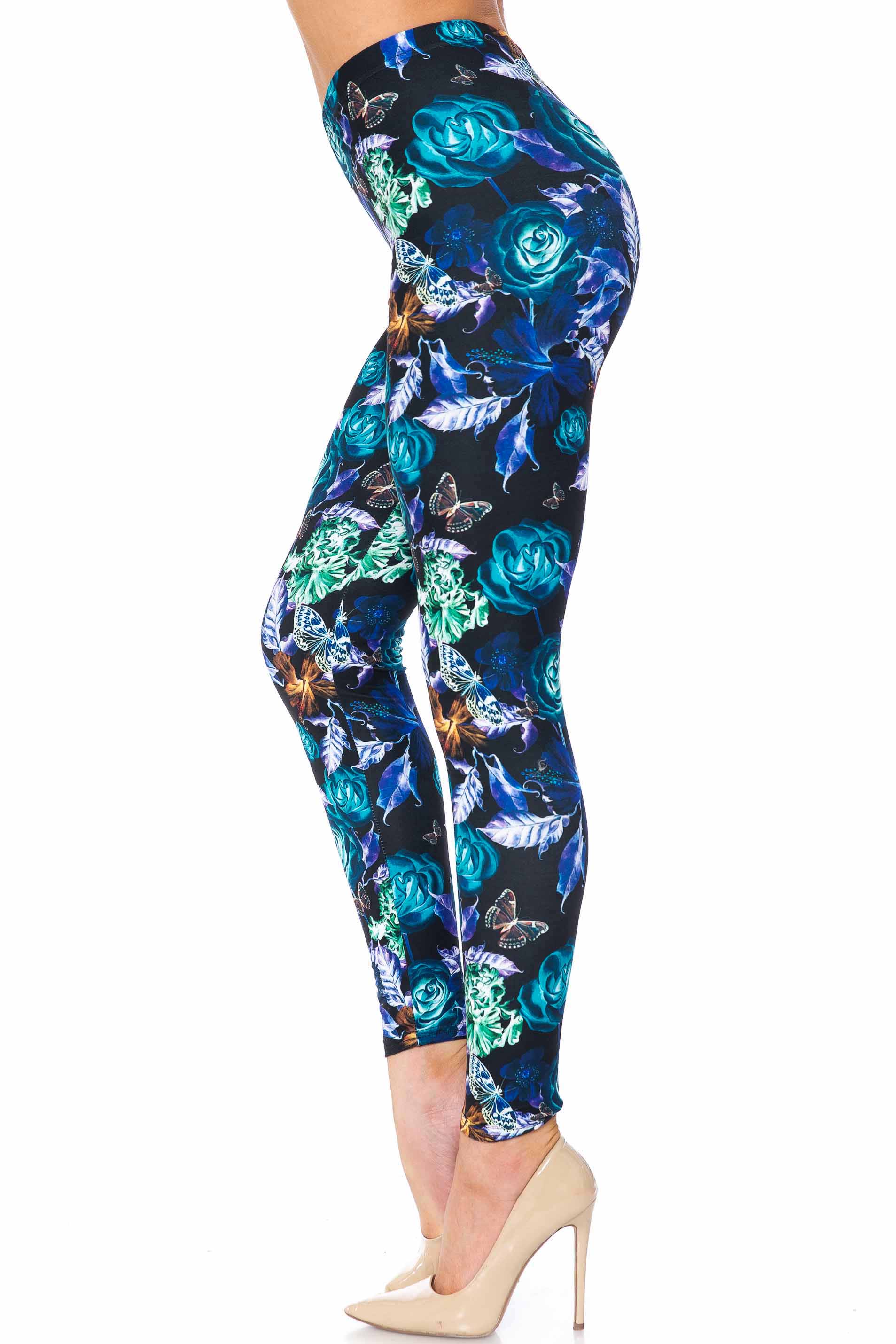 Wholesale Creamy Soft Electric Blue Floral Butterfly Leggings - USA Fashion™