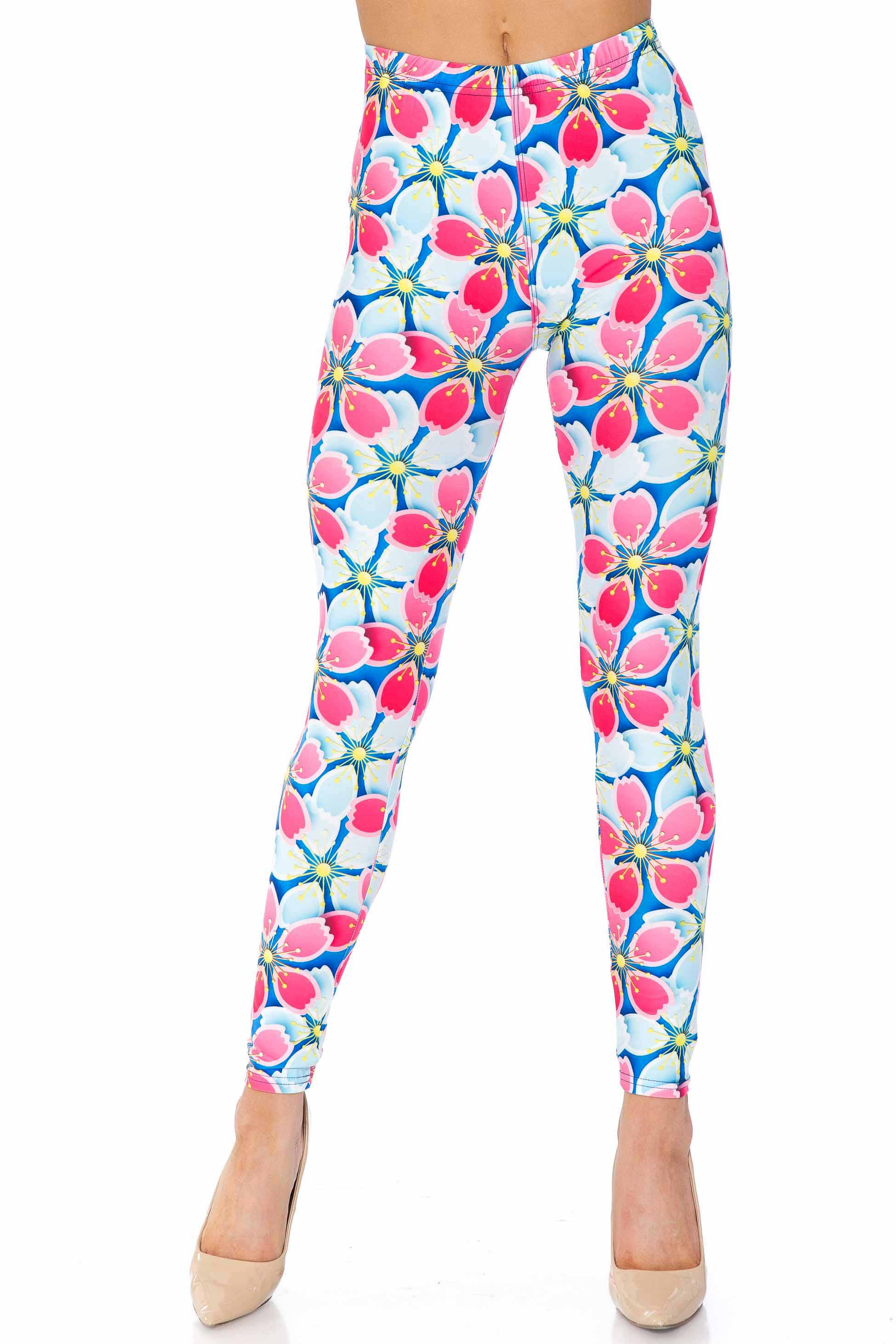 Wholesale Creamy Soft Pink and Blue Sunshine Floral Extra Plus Size Leggings - 3X-5X - USA Fashion™