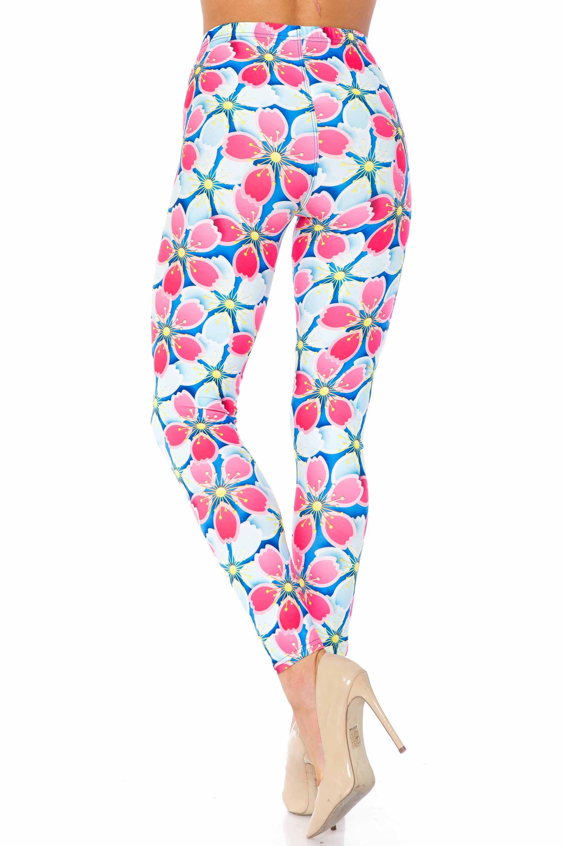 Wholesale Creamy Soft Pink and Blue Sunshine Floral Extra Plus Size Leggings - 3X-5X - USA Fashion™