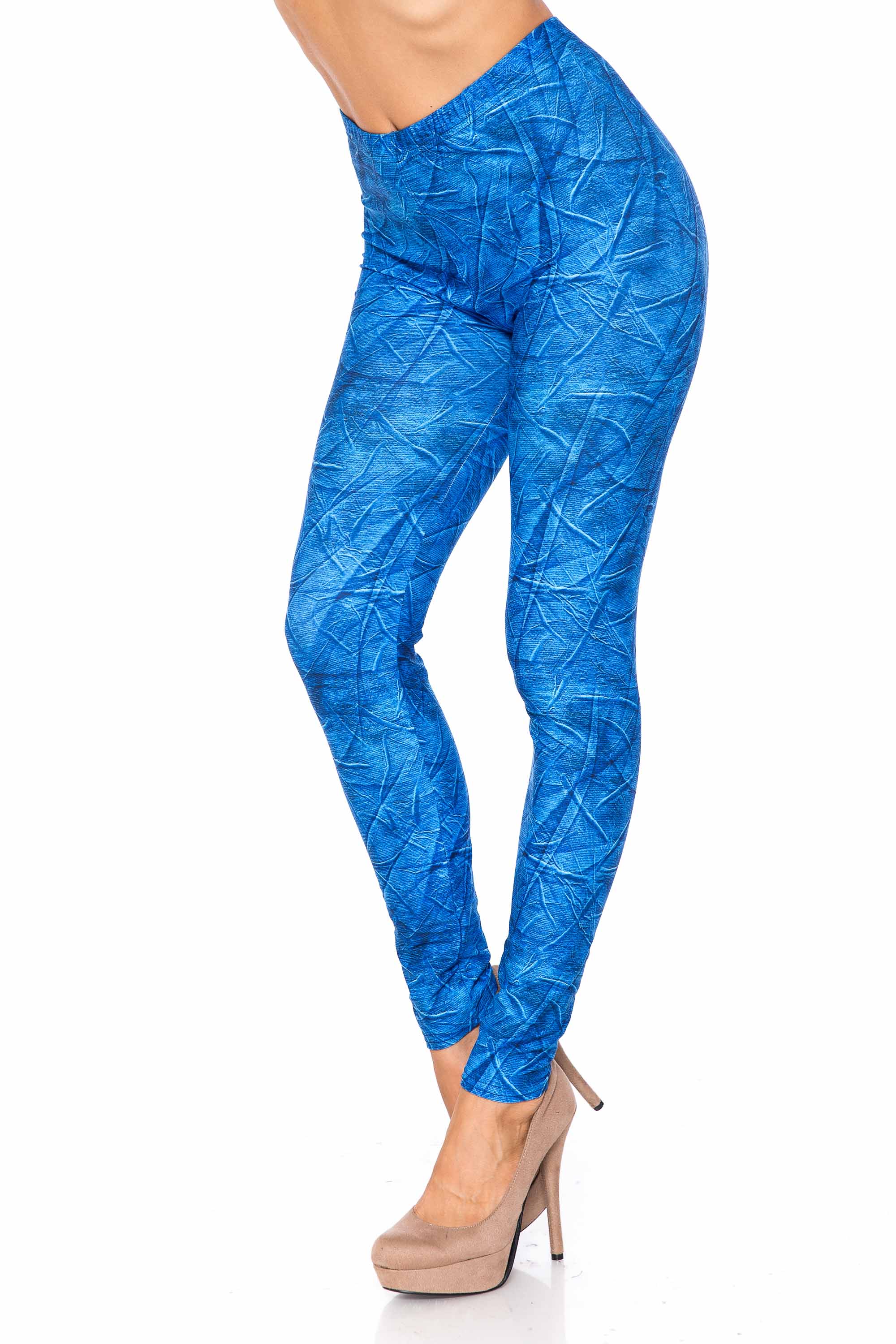 Wholesale Creamy Blue Wrinkled Denim Leggings - USA Fashion™