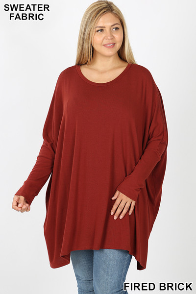 Brushed Thermal Waffle Knit Round Neck Hi-Low Plus Size Sweater