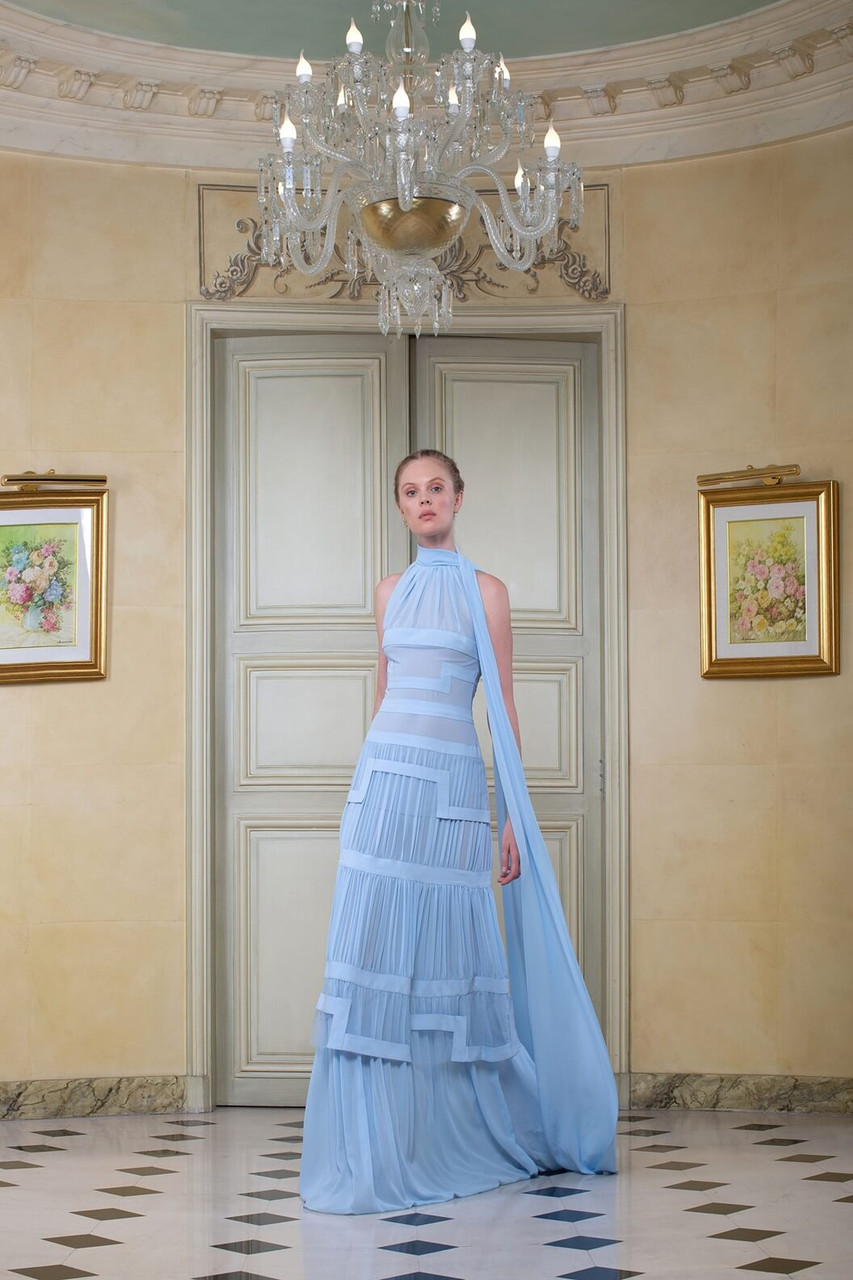 LONG DRESS IN GEORGETTE AND LASER CUT GEOMETRICAL SHAPES
