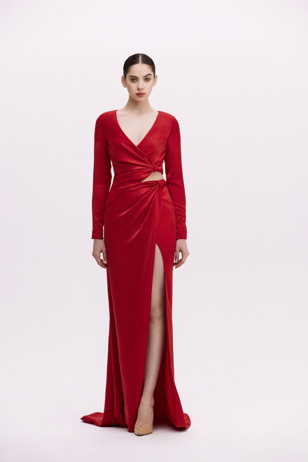 パーティードレス Crepe Satin Long Dress J205005 Long V-neck Stretch Crepe MOB Dress