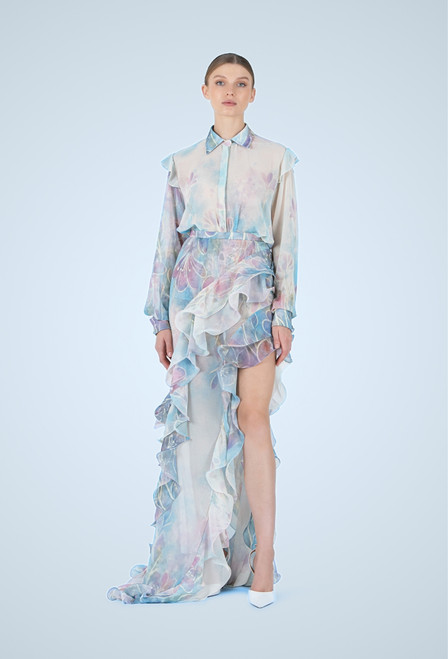 Asymmetric ruffled skirt in printed chiffon