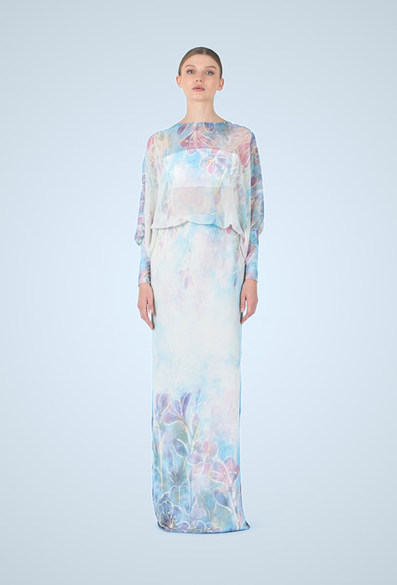 Long dress in chiffon and crepe