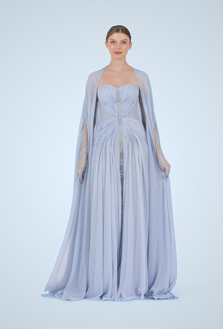 Strapless long dress in draped georgette and lace